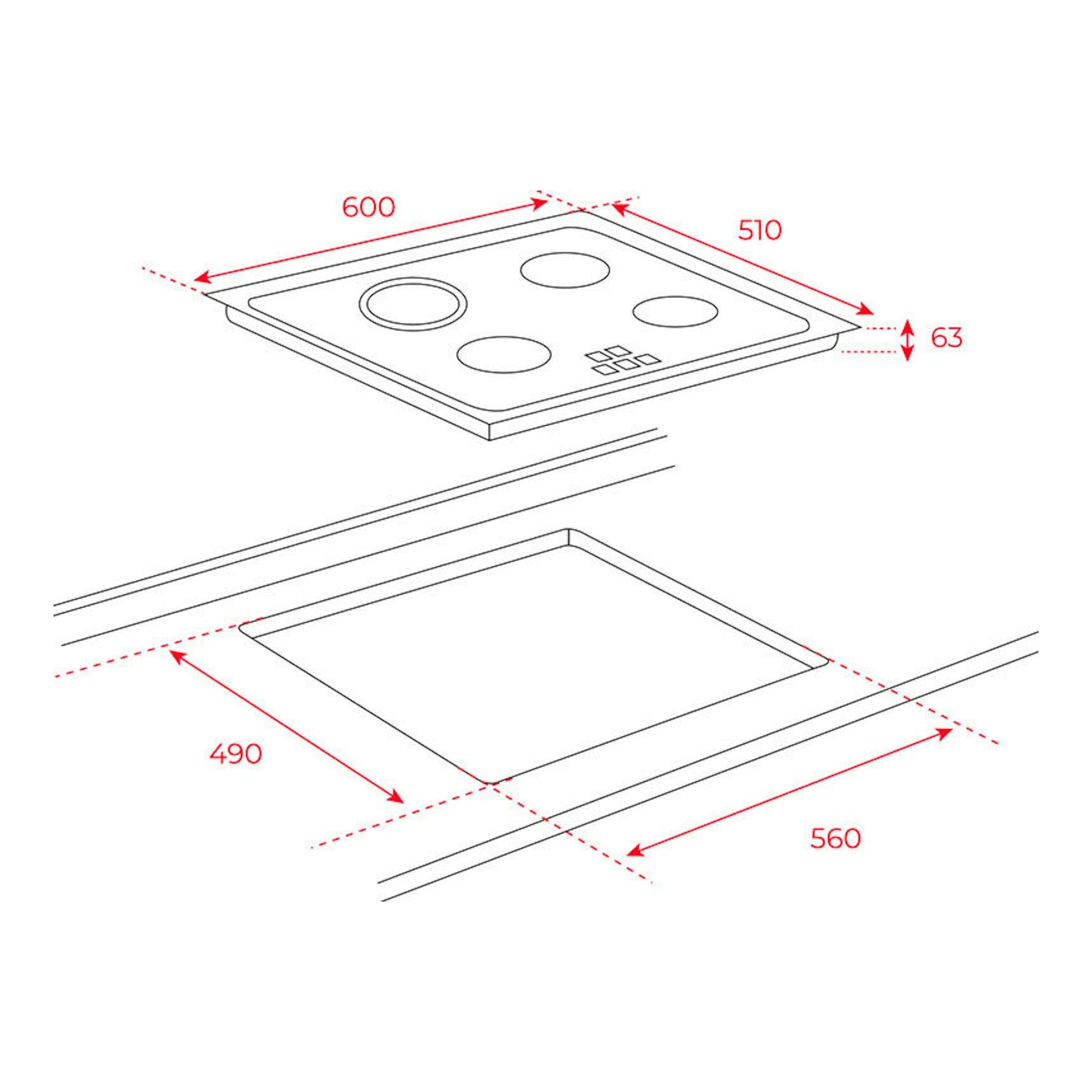 Teka TB 6310: placa vitrocerámica negra, vista en perspectiva con medidas 600 x 510 mm y hueco 560 x 490 mm.
