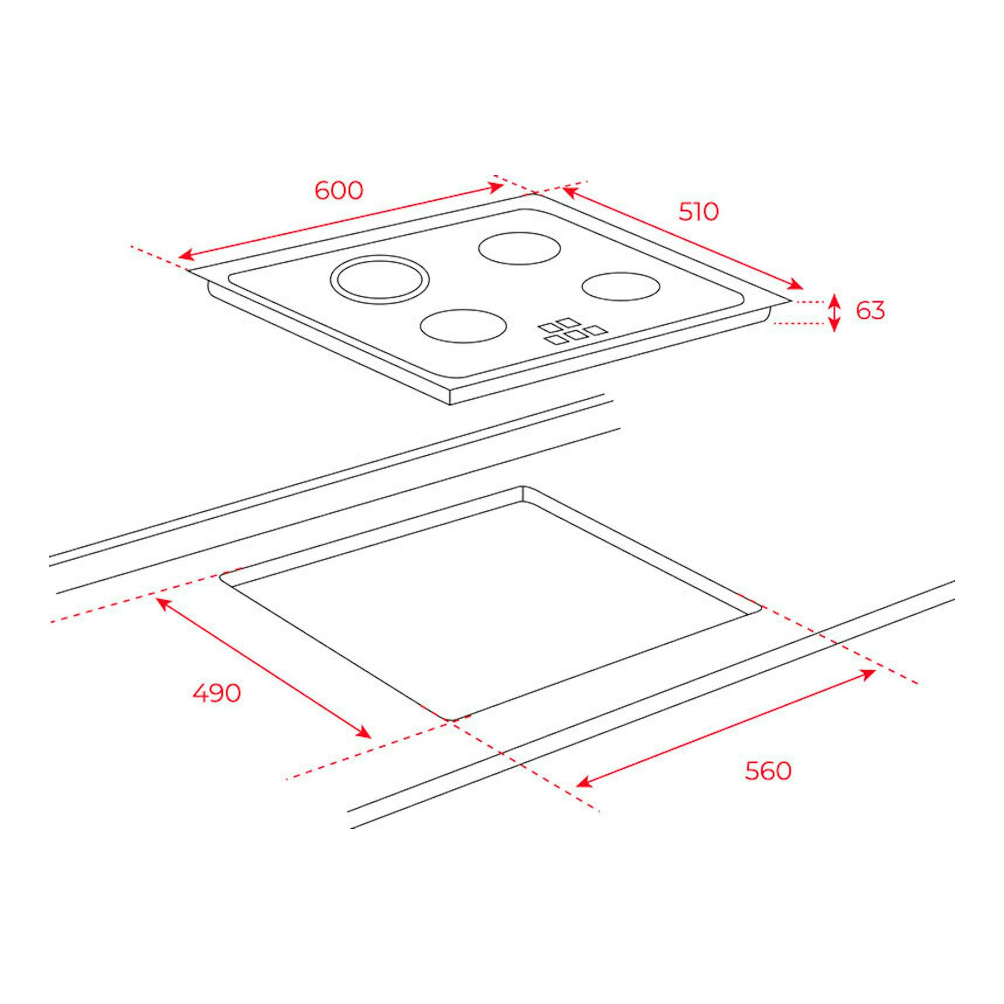 Teka TB 6310: placa vitrocerámica negra, vista en perspectiva con medidas 600 x 510 mm y hueco 560 x 490 mm.