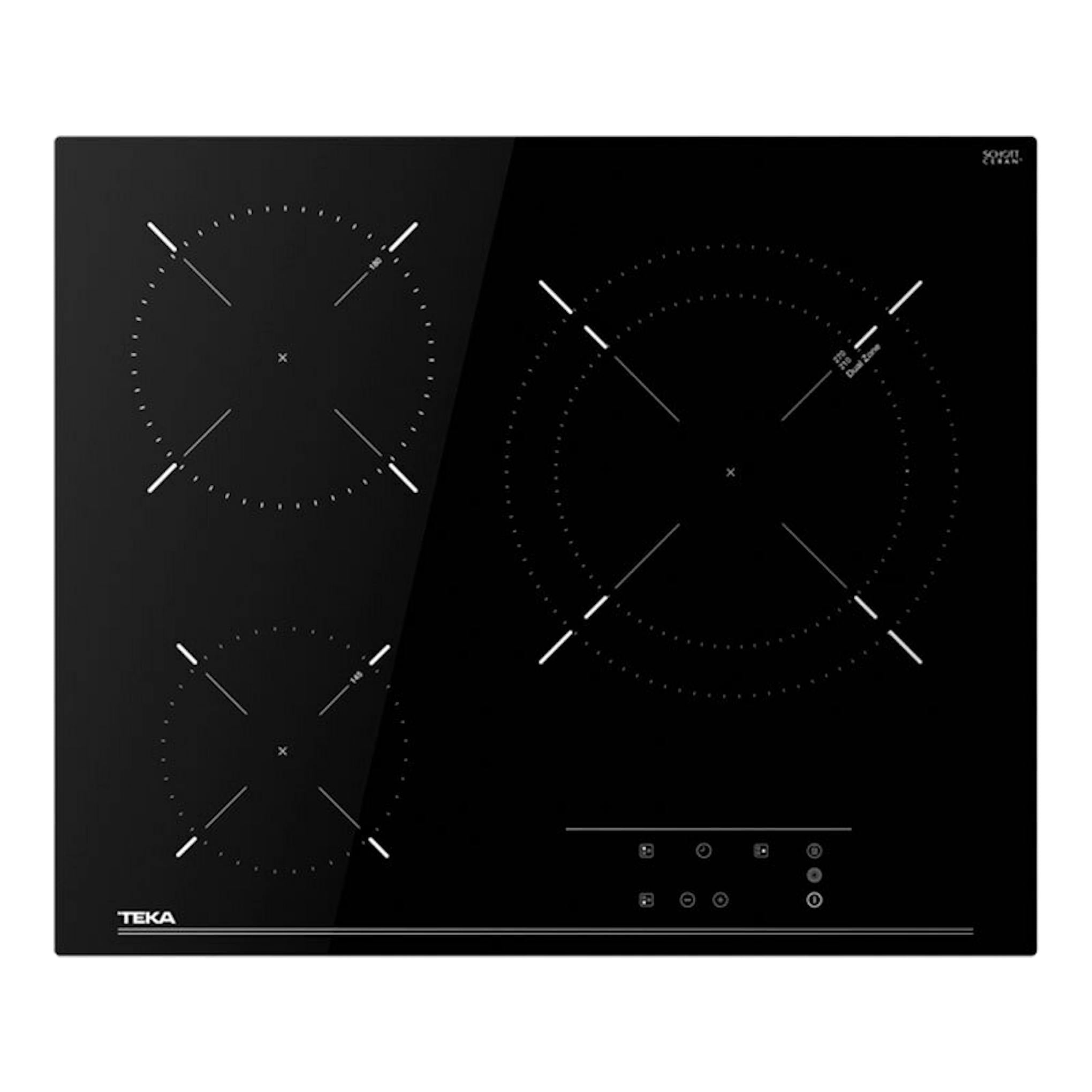 Placa vitrocerámica Teka TB 6315 de 60 cm, negra, vista frontal, con tres zonas de cocción y panel táctil.