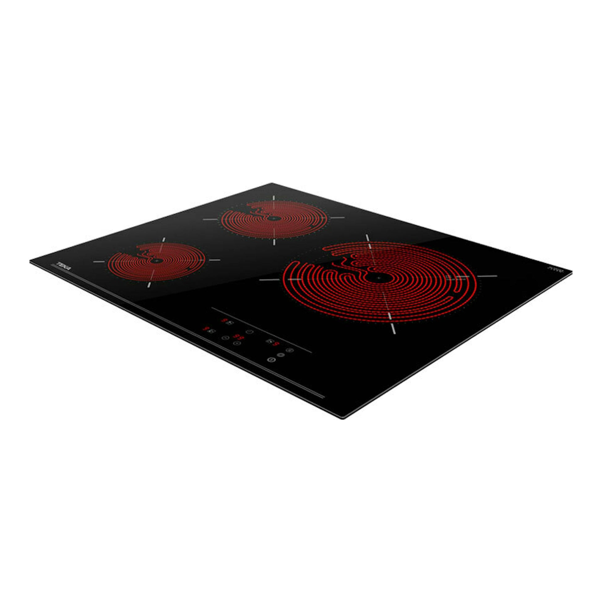 Placa vitrocerámica Teka TB 6315 negra, vista en perspectiva con tres zonas rojas de cocción táctil.