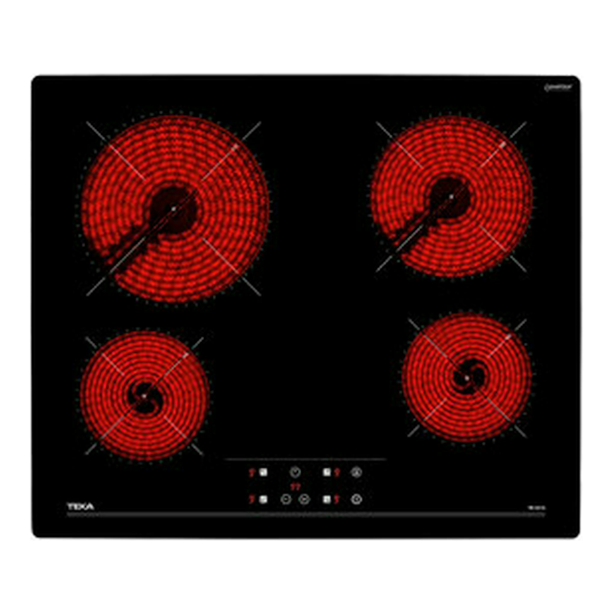 Placa vitrocerámica Teka TB 6415, vista frontal, negra, con cuatro zonas de cocción rojas.