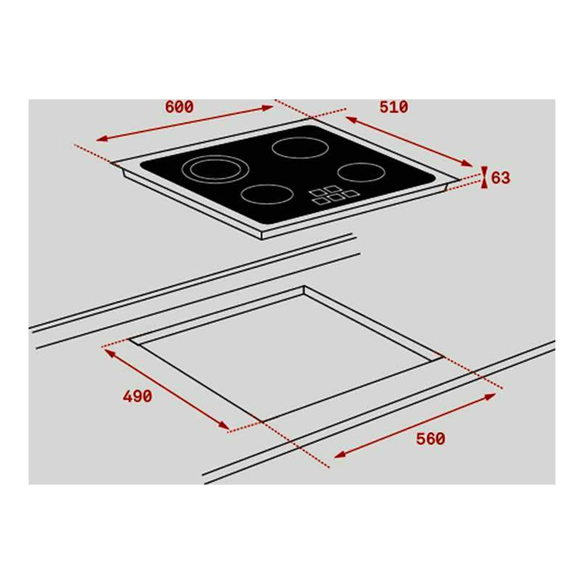 Teka TB 6415: placa vitrocerámica negra en vista isométrica con medidas 600x510x63 mm y hueco 560x490 mm.