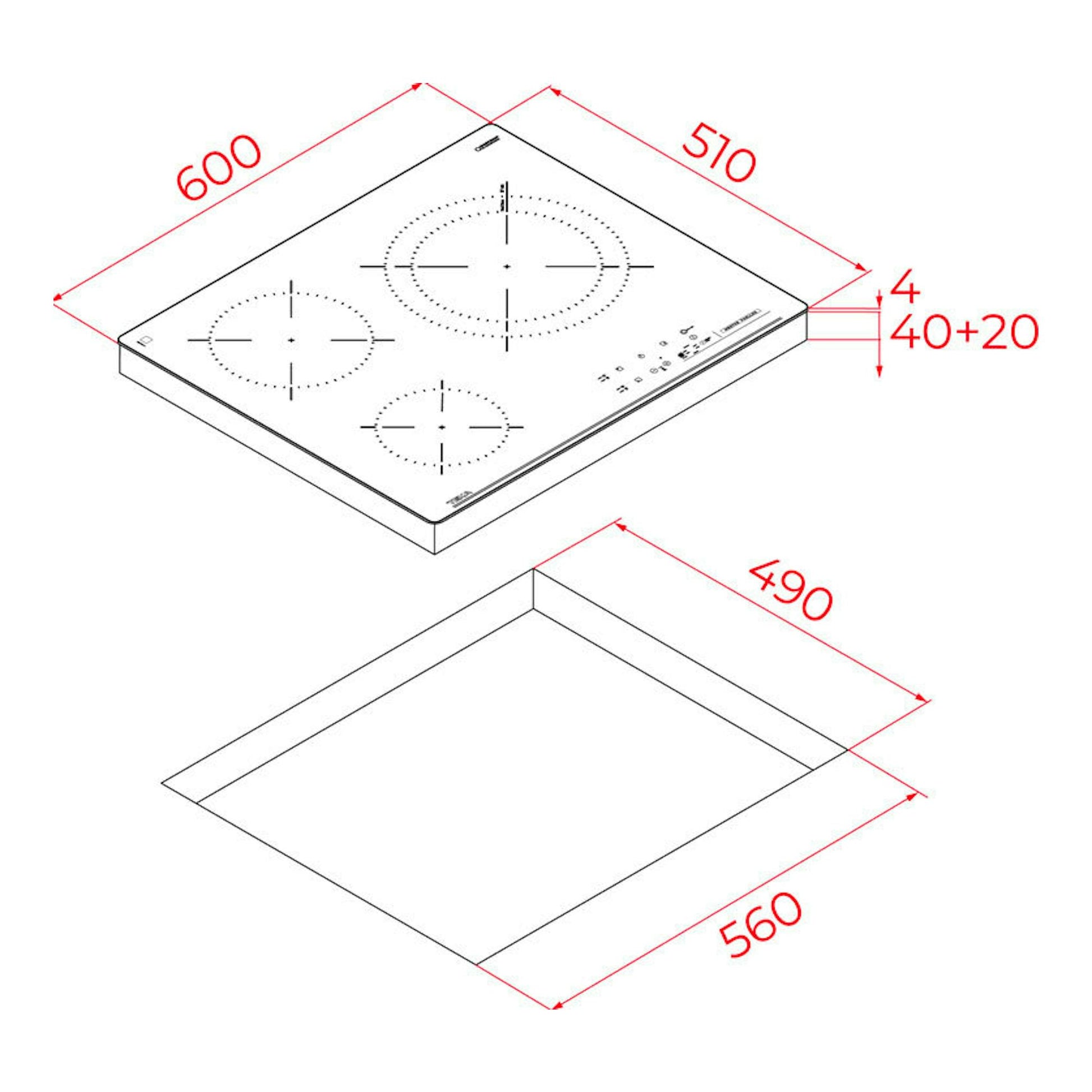Placa vitrocerámica Teka TBC63620TTC blanca, vista isométrica con 3 zonas y medidas 600x510 mm; hueco 560x490 mm