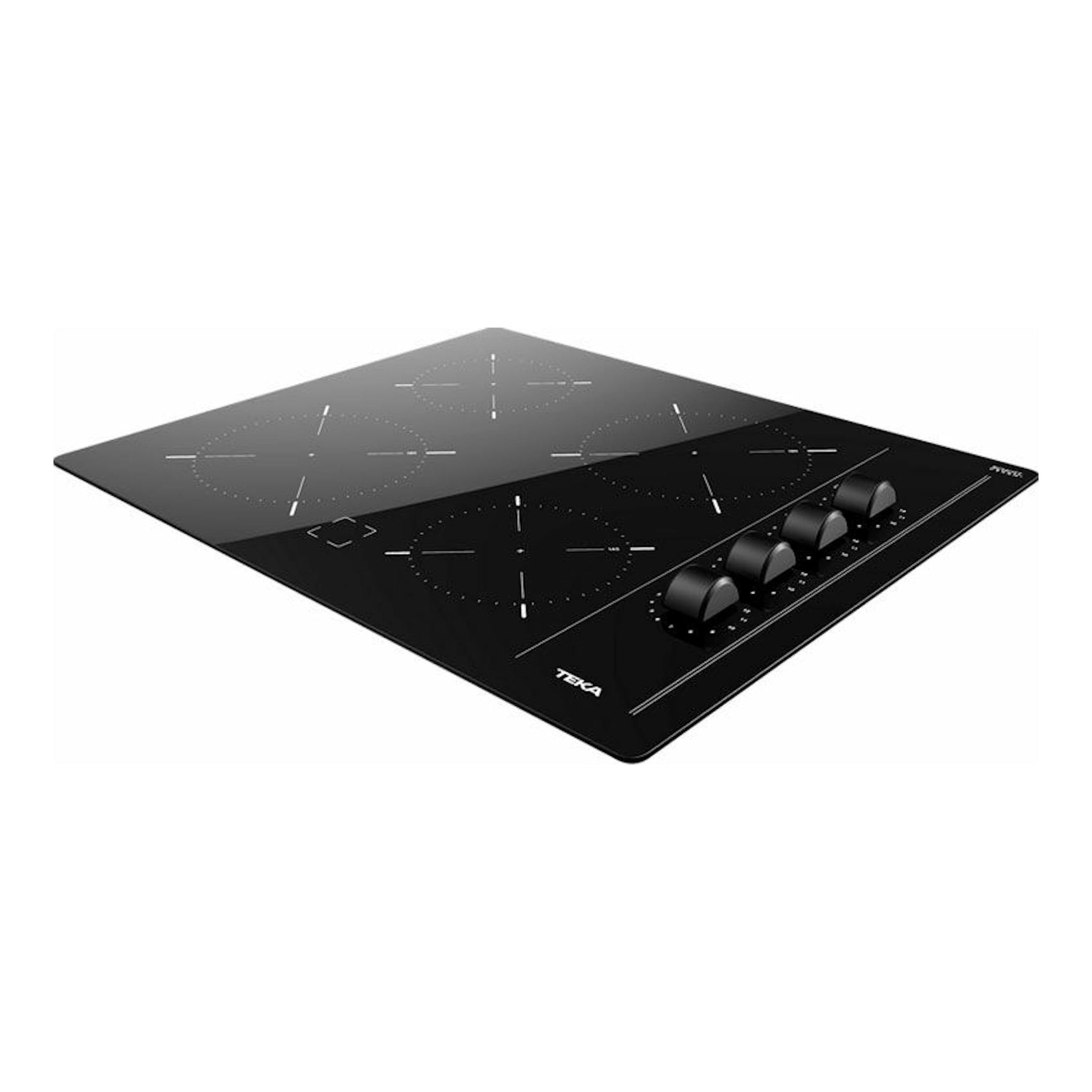 Placa vitrocerámica Teka TBC64000XFLBK negra, vista en ángulo, con cuatro mandos y cuatro zonas de cocción.