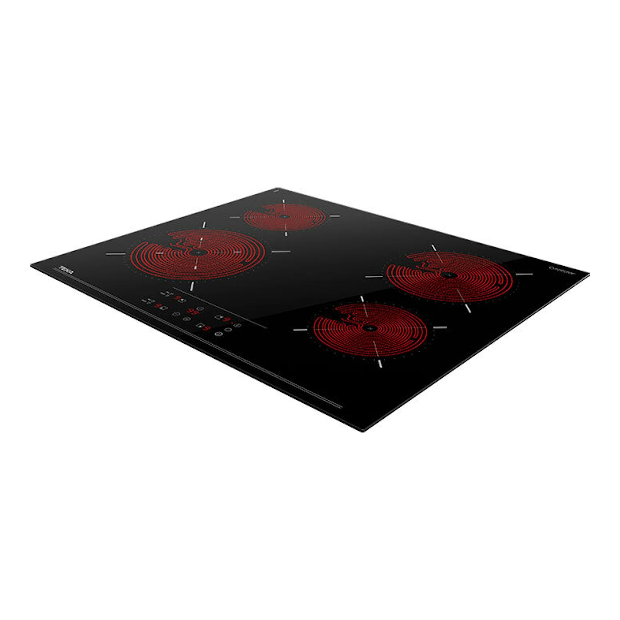 Placa vitrocerámica Teka TBC64320TTC negra, vista en perspectiva, con cuatro zonas rojas de cocción.