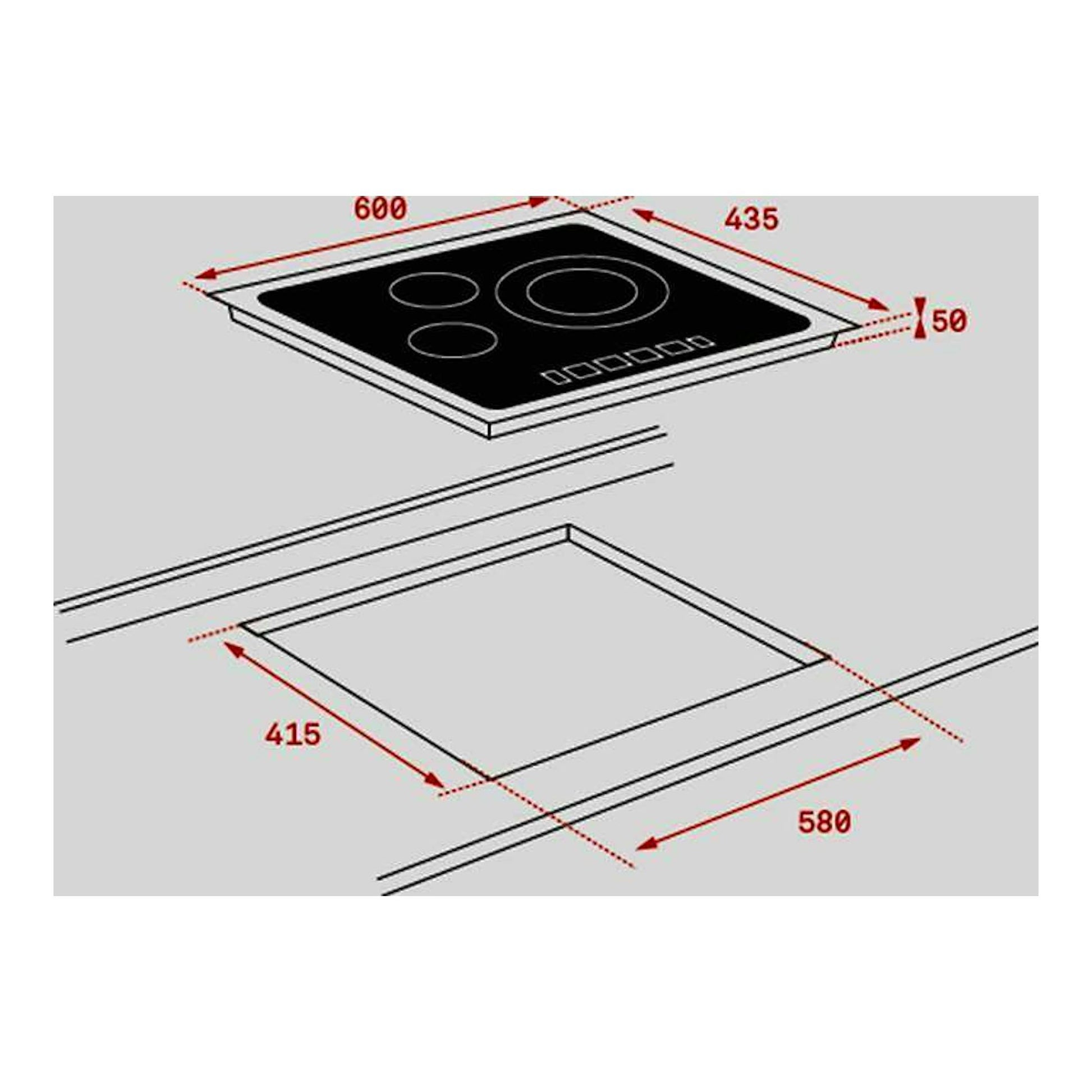 Esquema isométrico de placa vitrocerámica Teka TR 5300 negra con medidas 600x435 mm y hueco 580x415 mm.