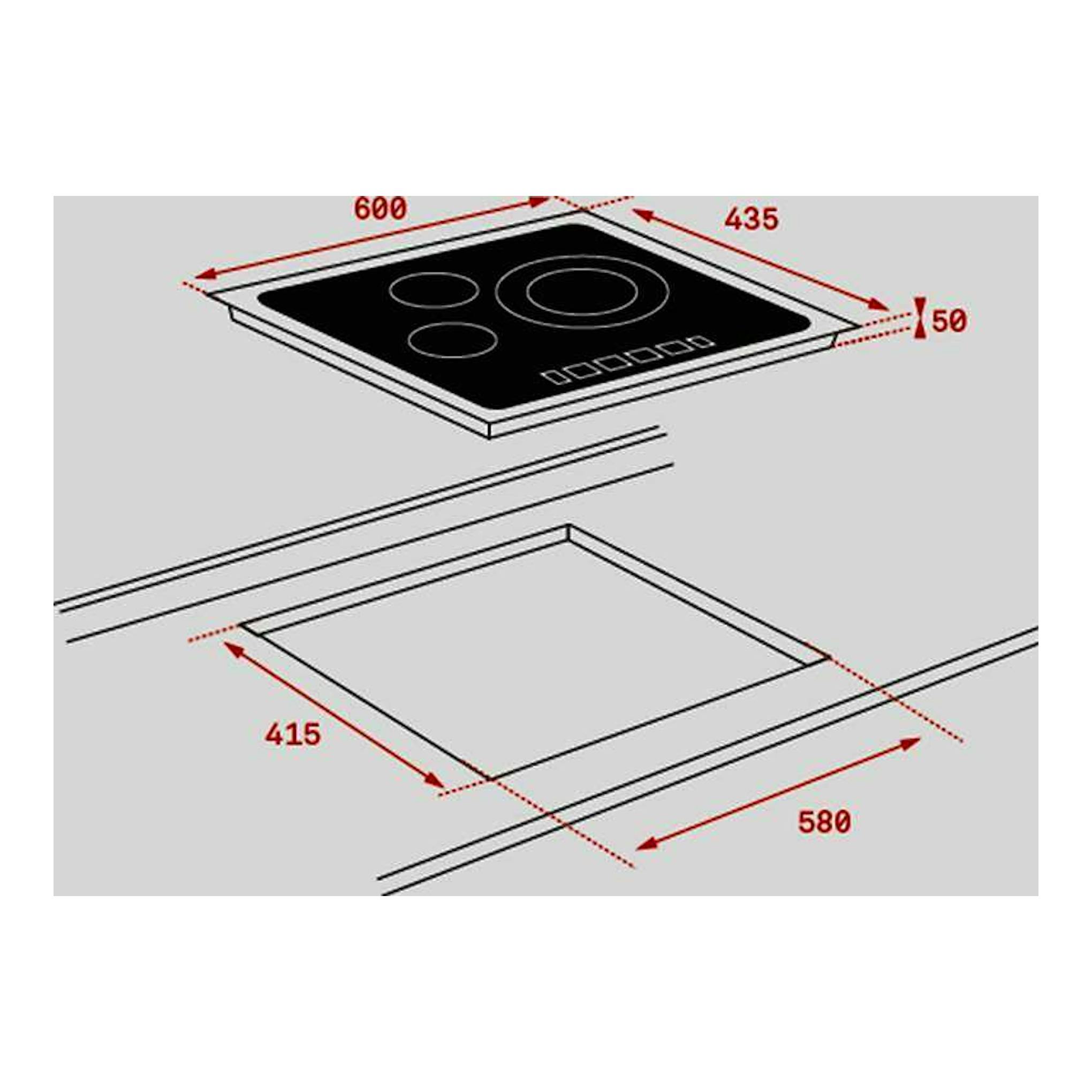 Esquema isométrico de placa vitrocerámica Teka TR 5300 negra con medidas 600x435 mm y hueco 580x415 mm.