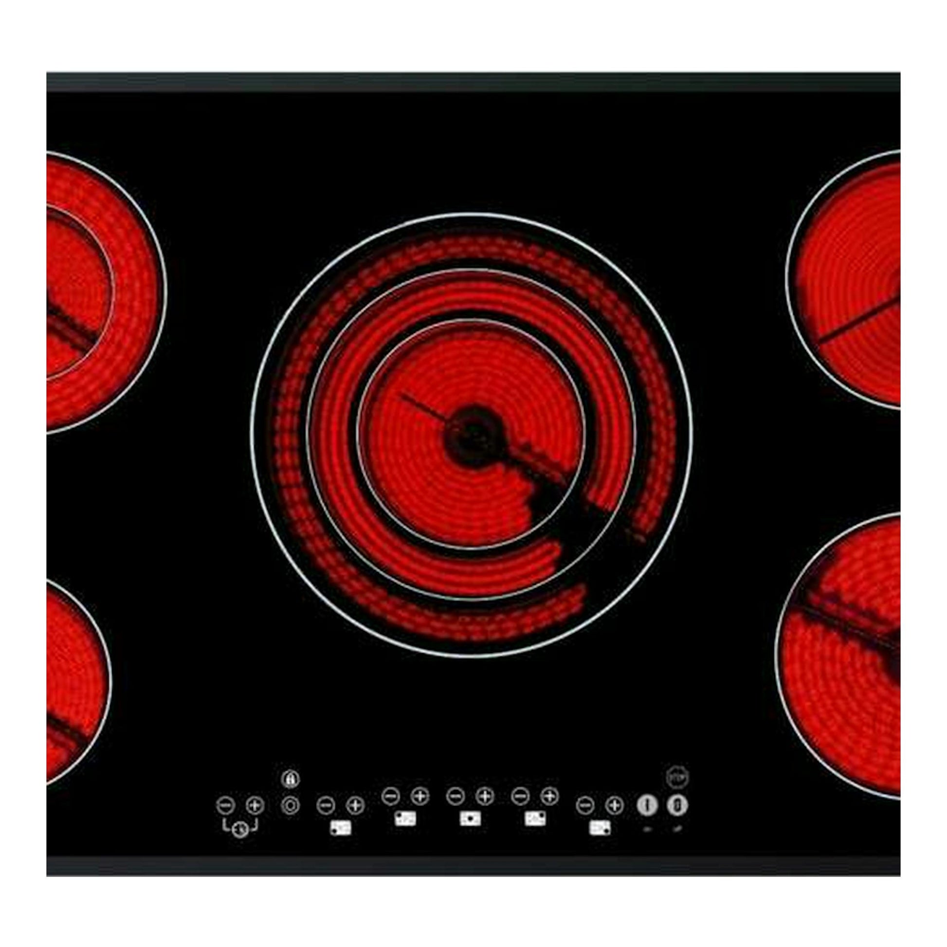 Placa vitrocerámica Teka TR 951 negra, vista frontal, con cinco zonas rojas y panel táctil inferior.
