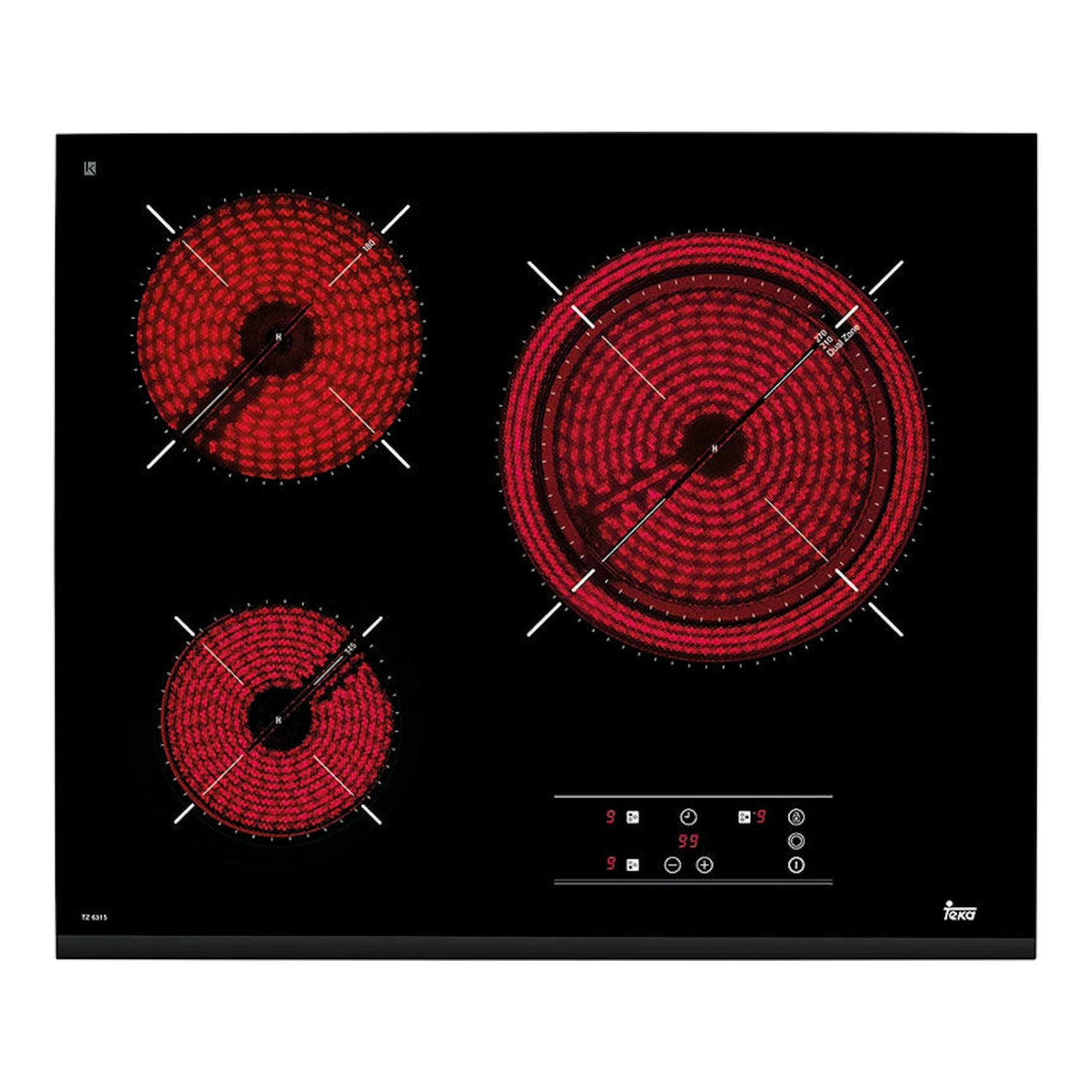 Placa vitrocerámica Teka TZ 6315 negra, vista frontal, con tres zonas rojas de cocción y panel táctil.