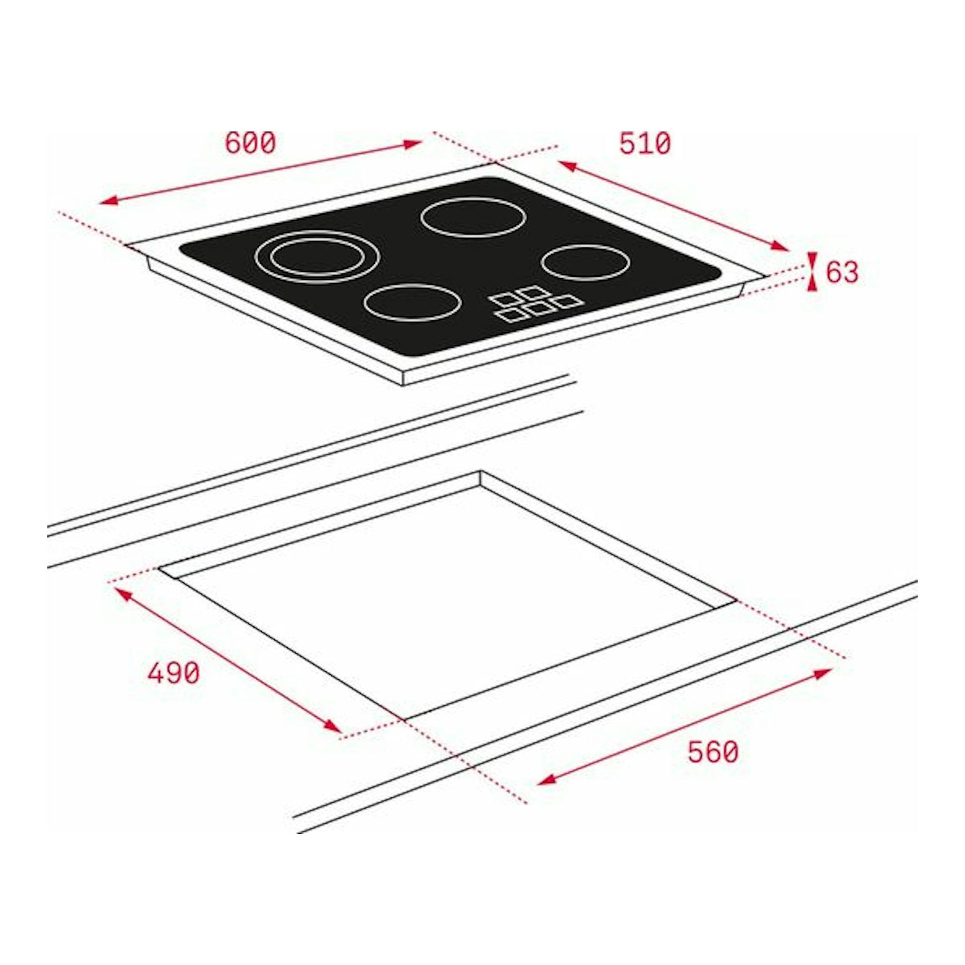 Teka TZ 6315: dibujo técnico de placa vitrocerámica negra, vista superior, con medidas 600x510 y hueco 560x490.