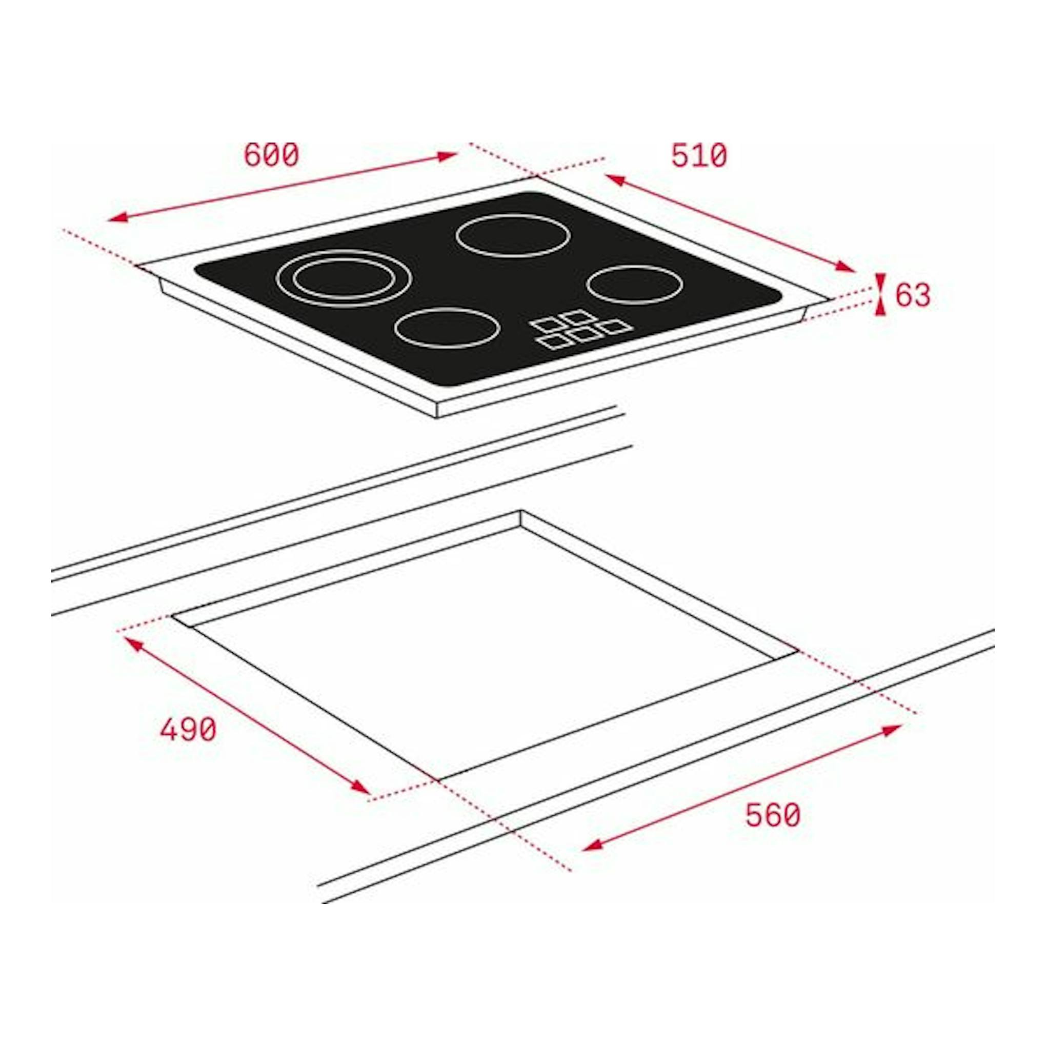 Teka TZ 6315: dibujo técnico de placa vitrocerámica negra, vista superior, con medidas 600x510 y hueco 560x490.