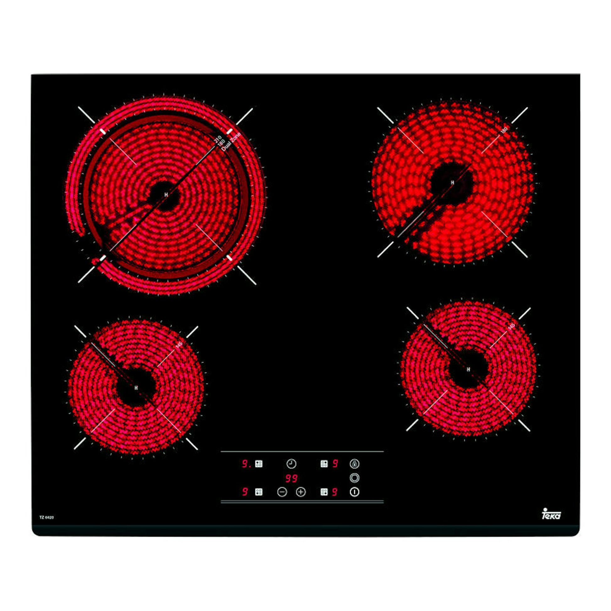 Placa vitrocerámica Teka TZ 6420 negra, vista frontal, con cuatro zonas circulares rojas encendidas.