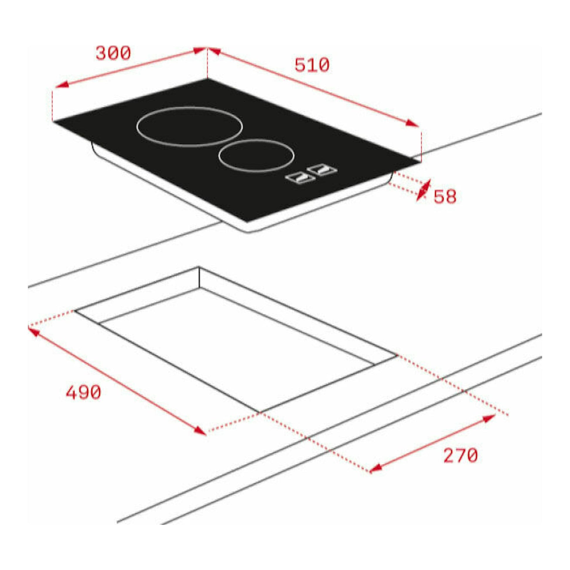 Teka TZC 32320 TTC, placa vitrocerámica negra en vista isométrica con medidas 300x510x58 y hueco 490x270.