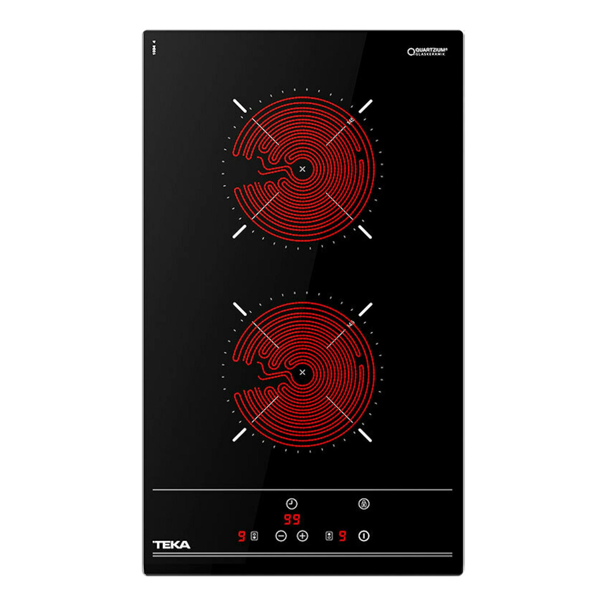 Placa vitrocerámica Teka TZC32000TTC negra de 30 cm, vista frontal, con dos zonas de cocción rojas.
