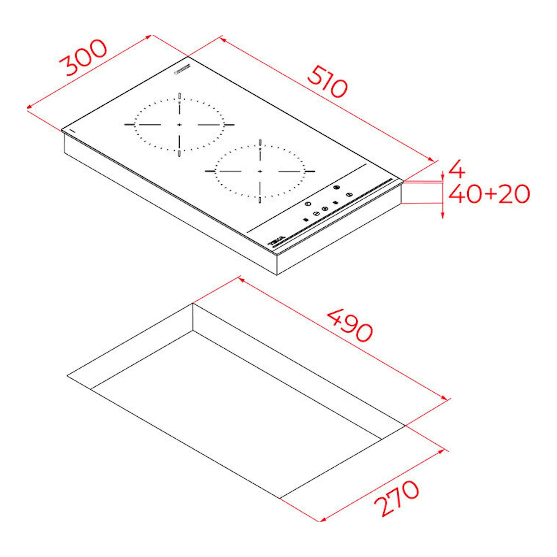 Plano técnico de placa vitrocerámica Teka TZC32000TTC, vista isométrica, 2 zonas, medidas 300x510 mm.