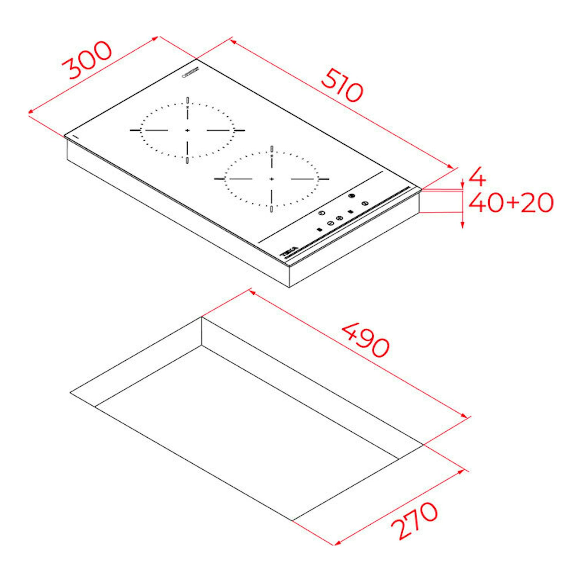 Plano técnico de placa vitrocerámica Teka TZC32000TTC, vista isométrica, 2 zonas, medidas 300x510 mm.