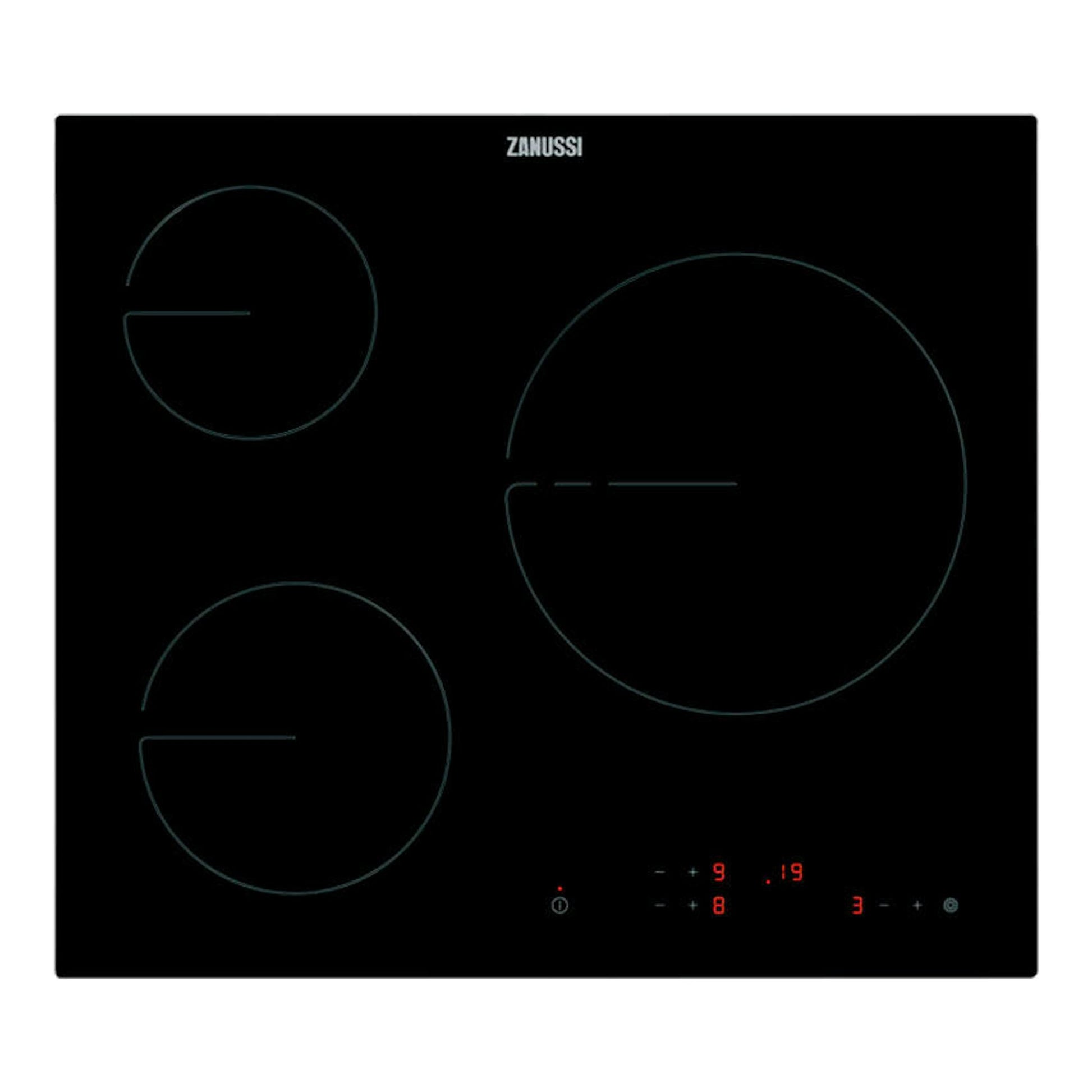 Placa vitrocerámica Zanussi ZHRN639K negra, vista frontal, con 3 zonas de cocción y controles táctiles.