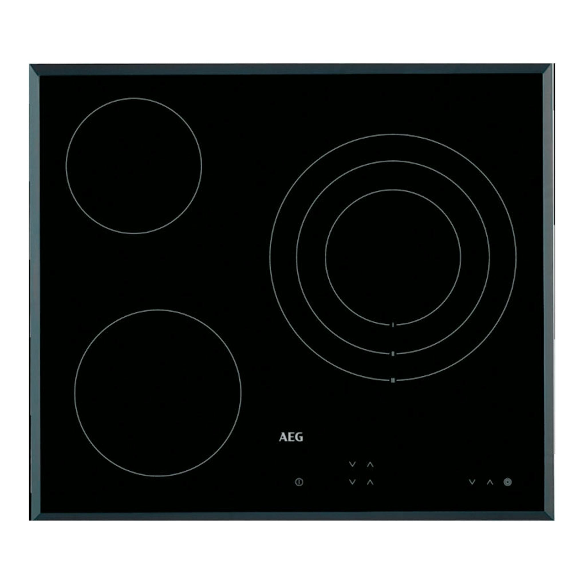 Placa vitrocerámica AEG negra, vista frontal, con cuatro zonas de cocción circulares.