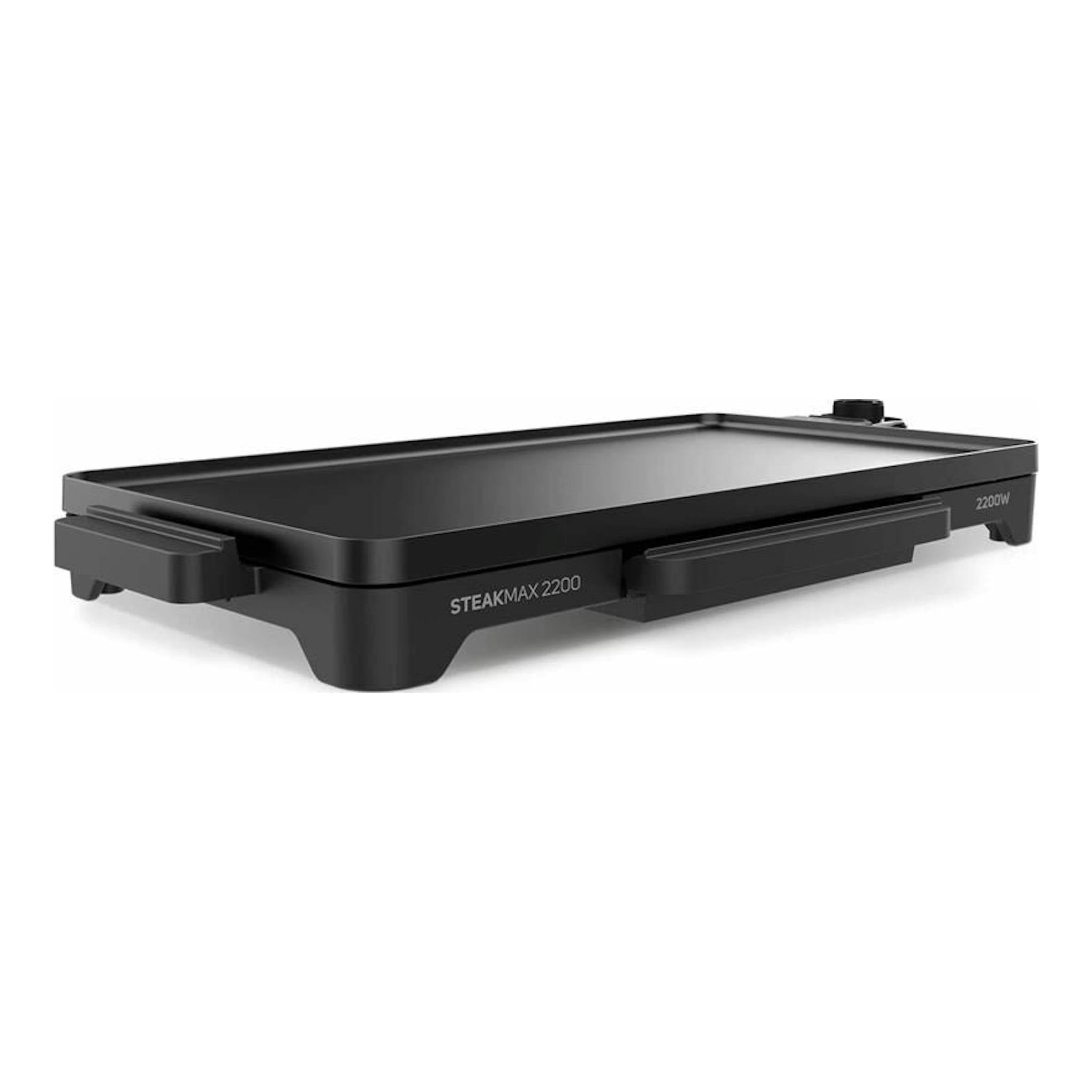 Plancha asar eléctrica Taurus Steakmax 2200 negra, vista en 3/4 sobre fondo blanco.