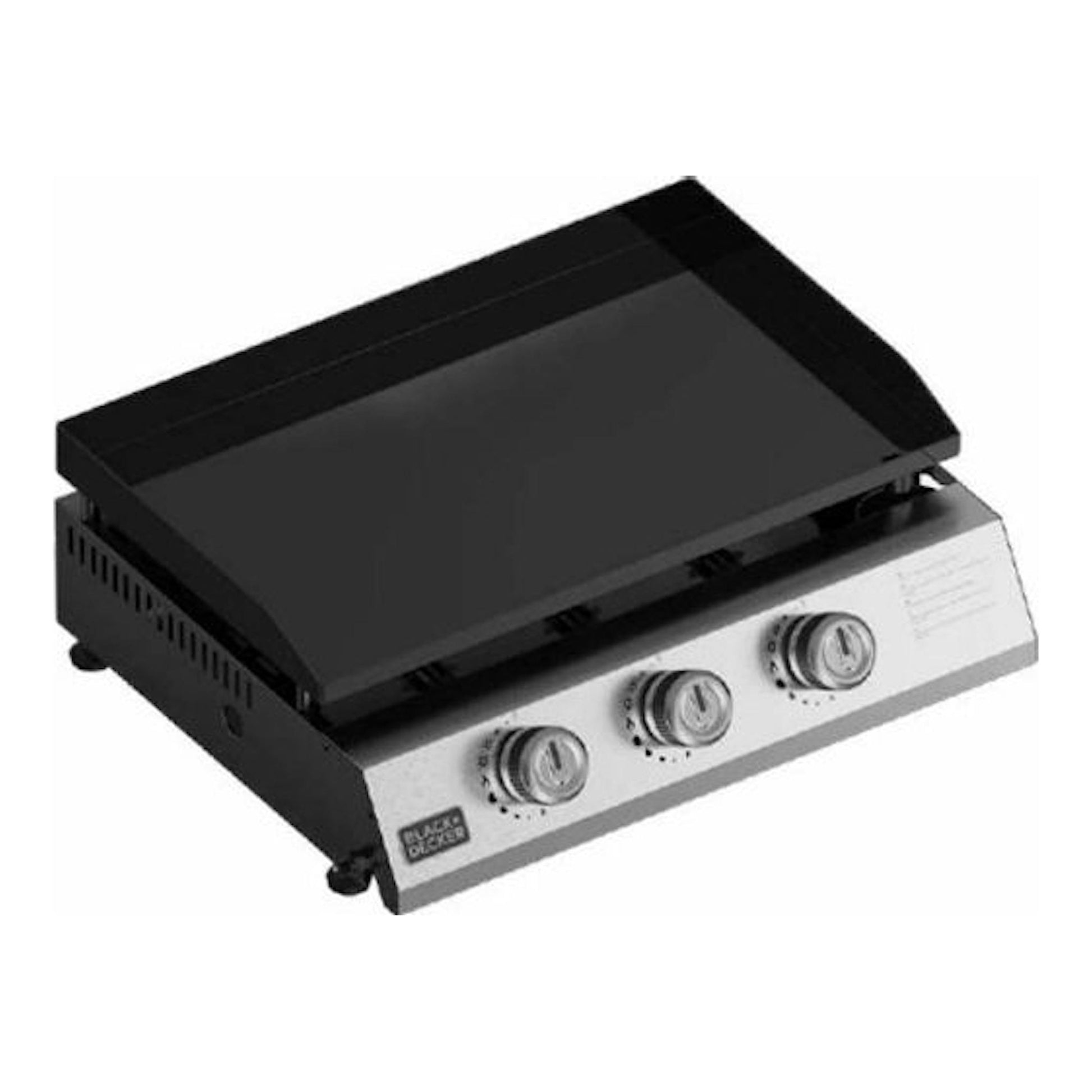 Plancha de gas Black+Decker BXOP7350E negra y plateada, vista en ángulo, con 3 mandos frontales.