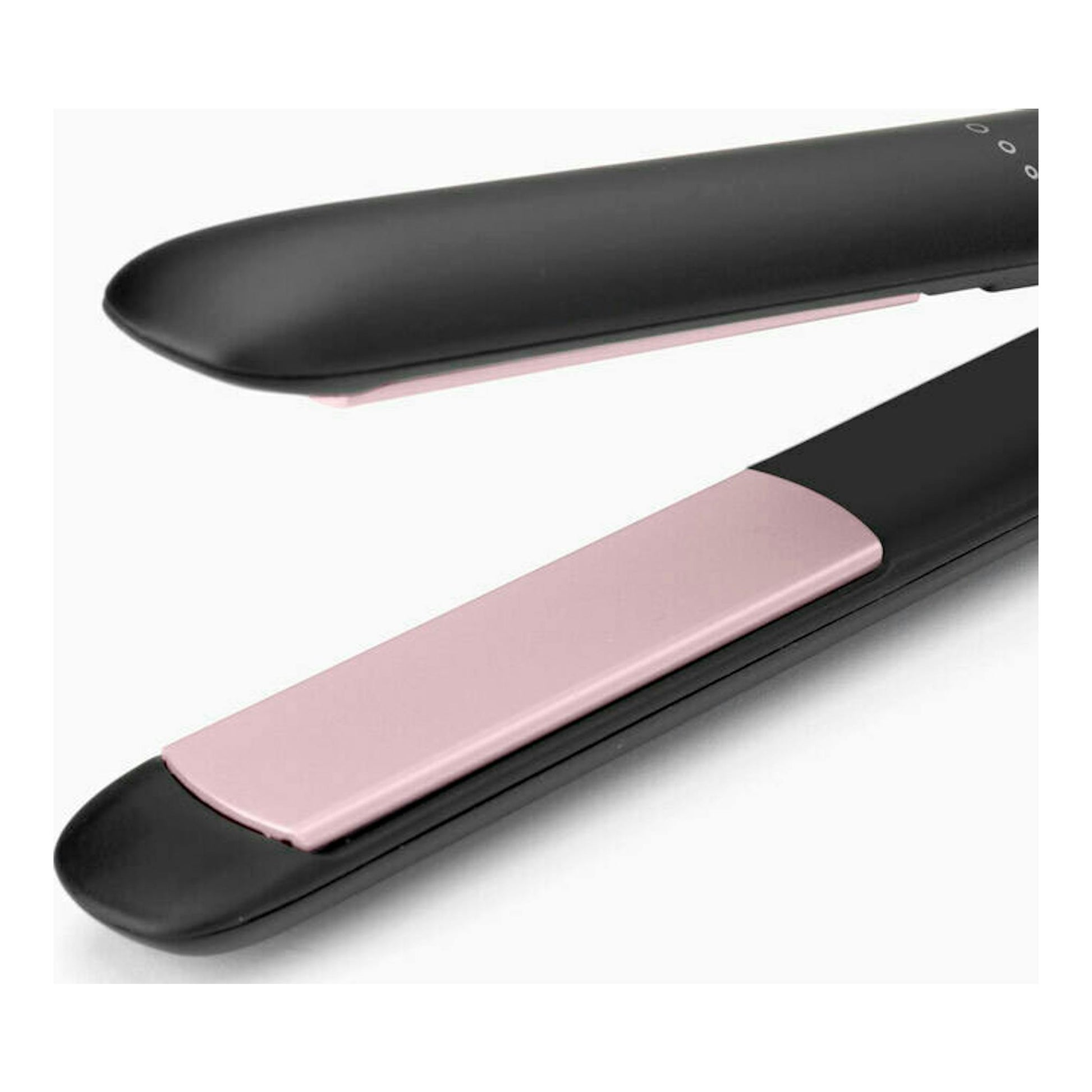 Plancha de pelo Babyliss ST241E negra y rosa, vista en detalle de las placas.