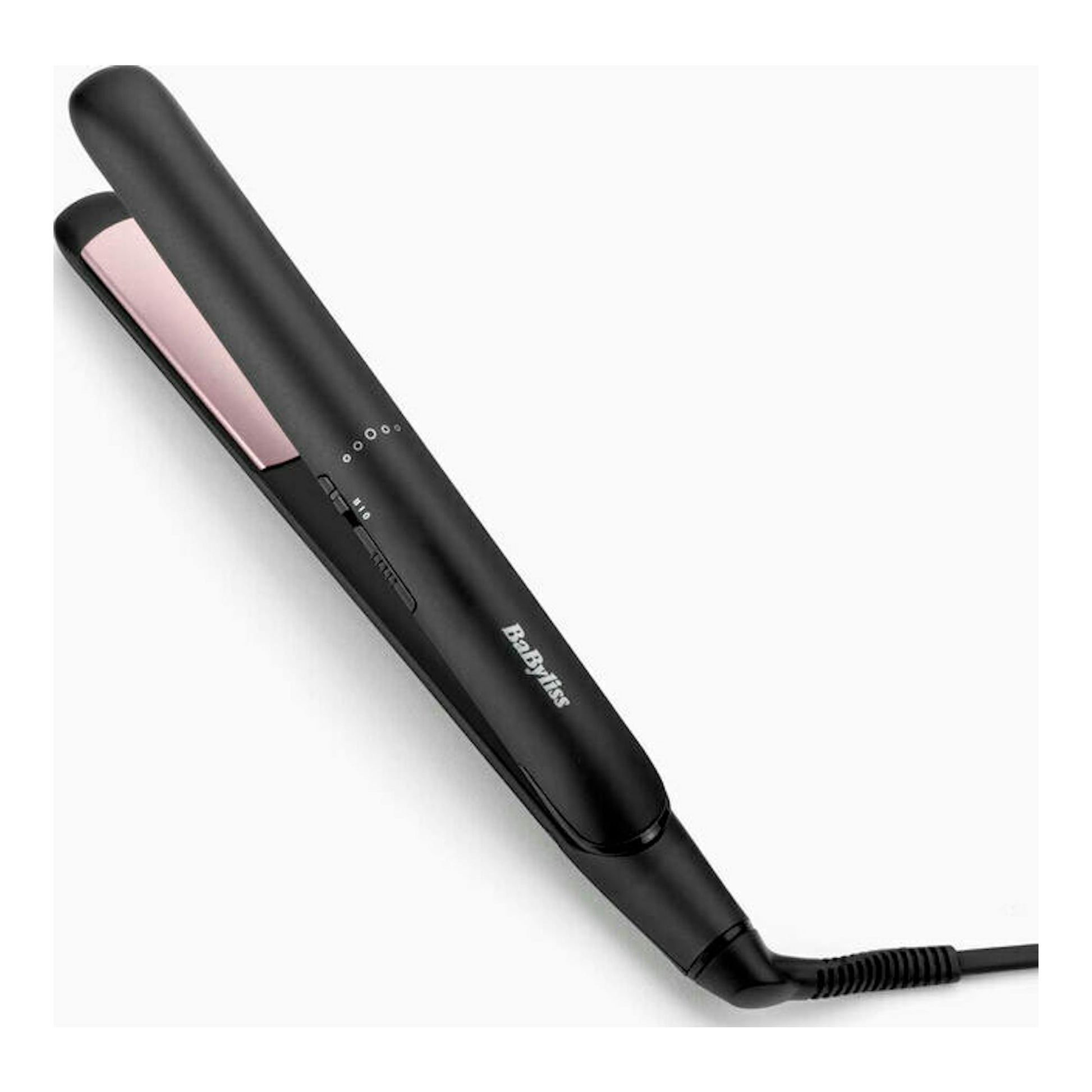 Plancha de pelo Babyliss ST241E negra, vista en ángulo sobre fondo blanco, con placas rosas.