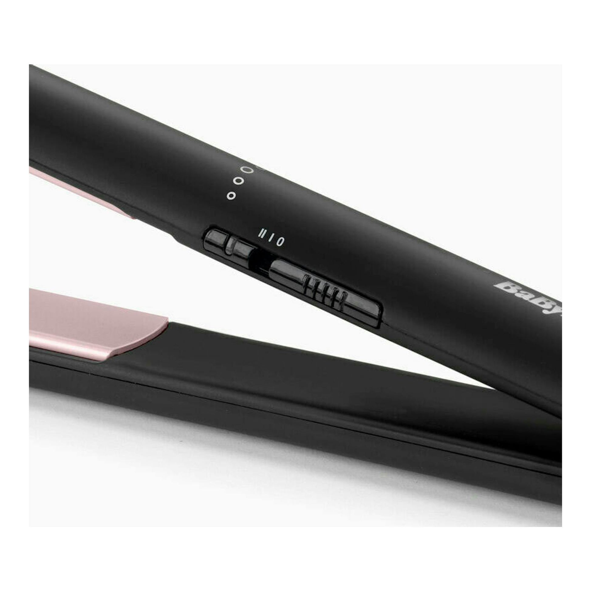 Plancha de pelo Babyliss ST241E negra y rosa, vista en primer plano con control deslizante.