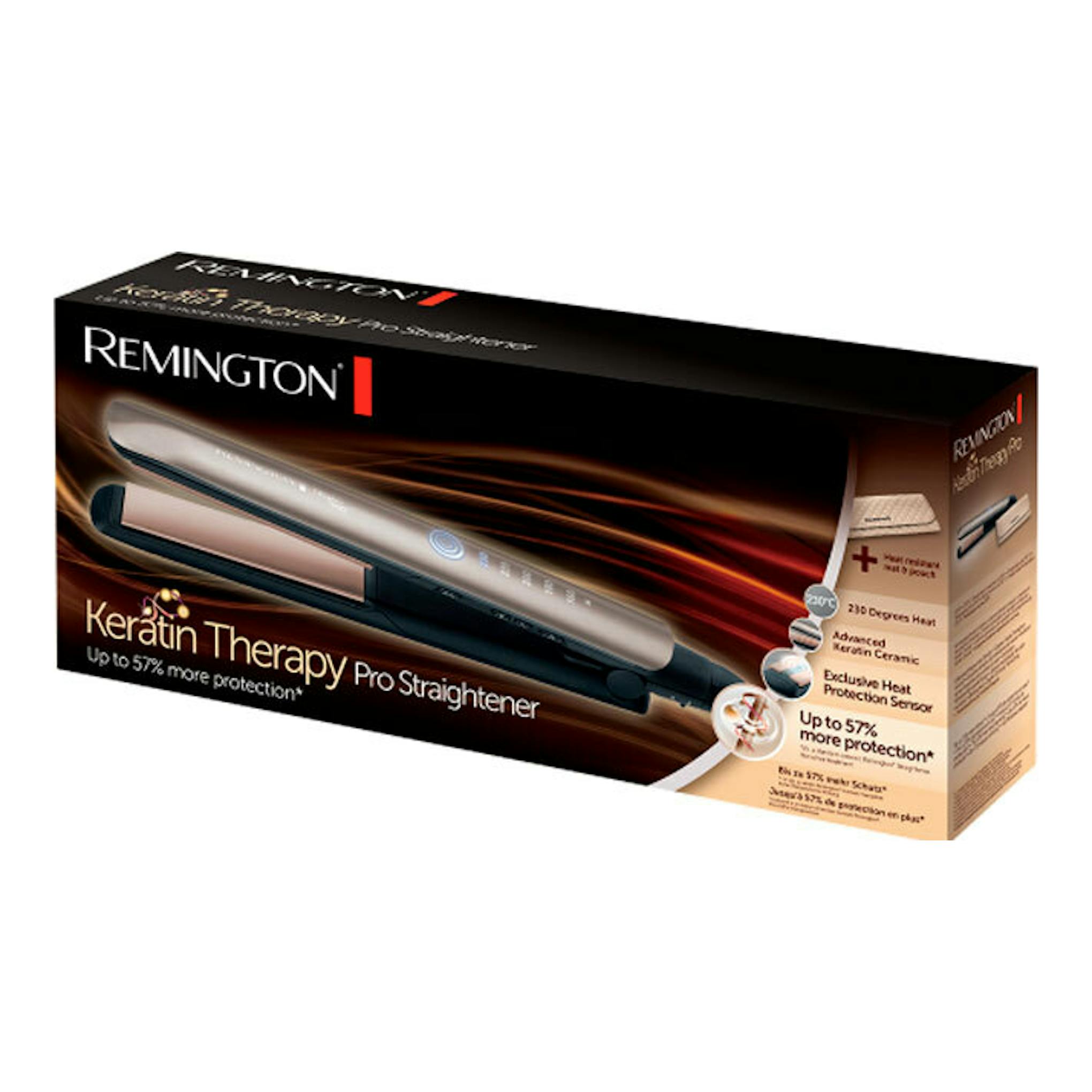 Caja de la plancha de pelo Remington S8590 Keratin Therapy Pro, vista en 3/4, negra y beige.