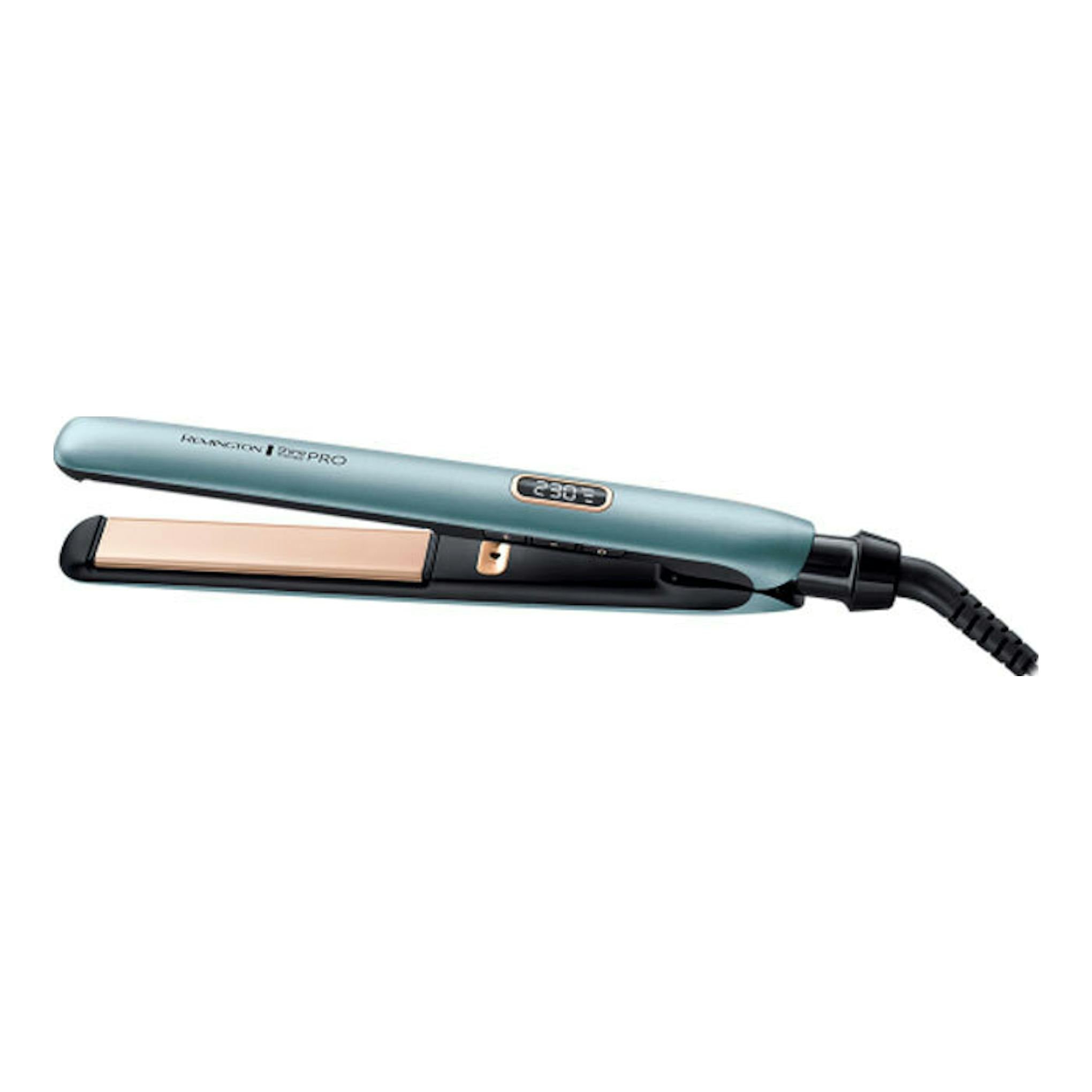 Plancha de pelo Remington S9300 azul verdosa y rosa dorado, vista lateral sobre fondo blanco.