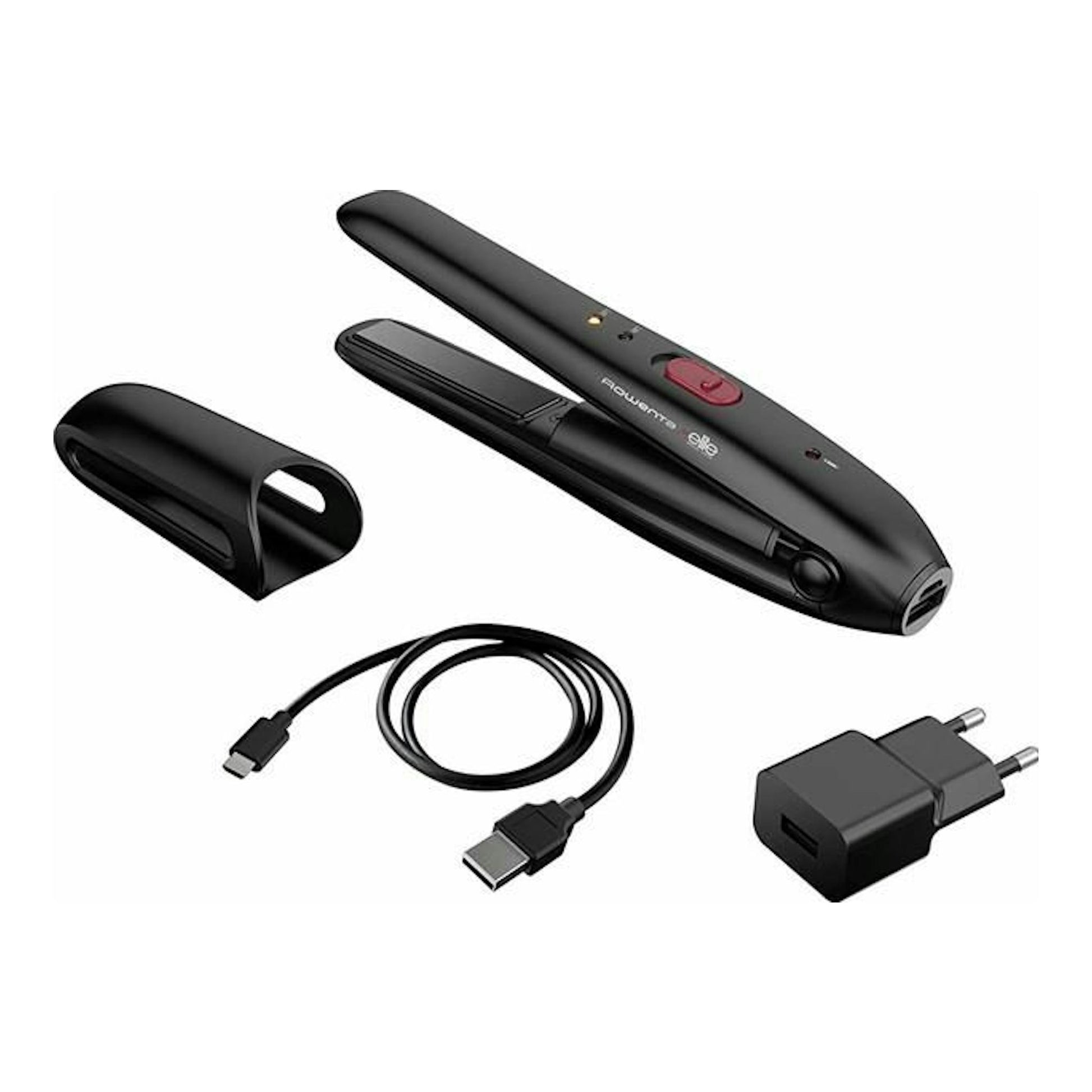 Plancha de pelo Rowenta SF1312F0 negra, vista en ángulo, con funda, cable USB y adaptador.
