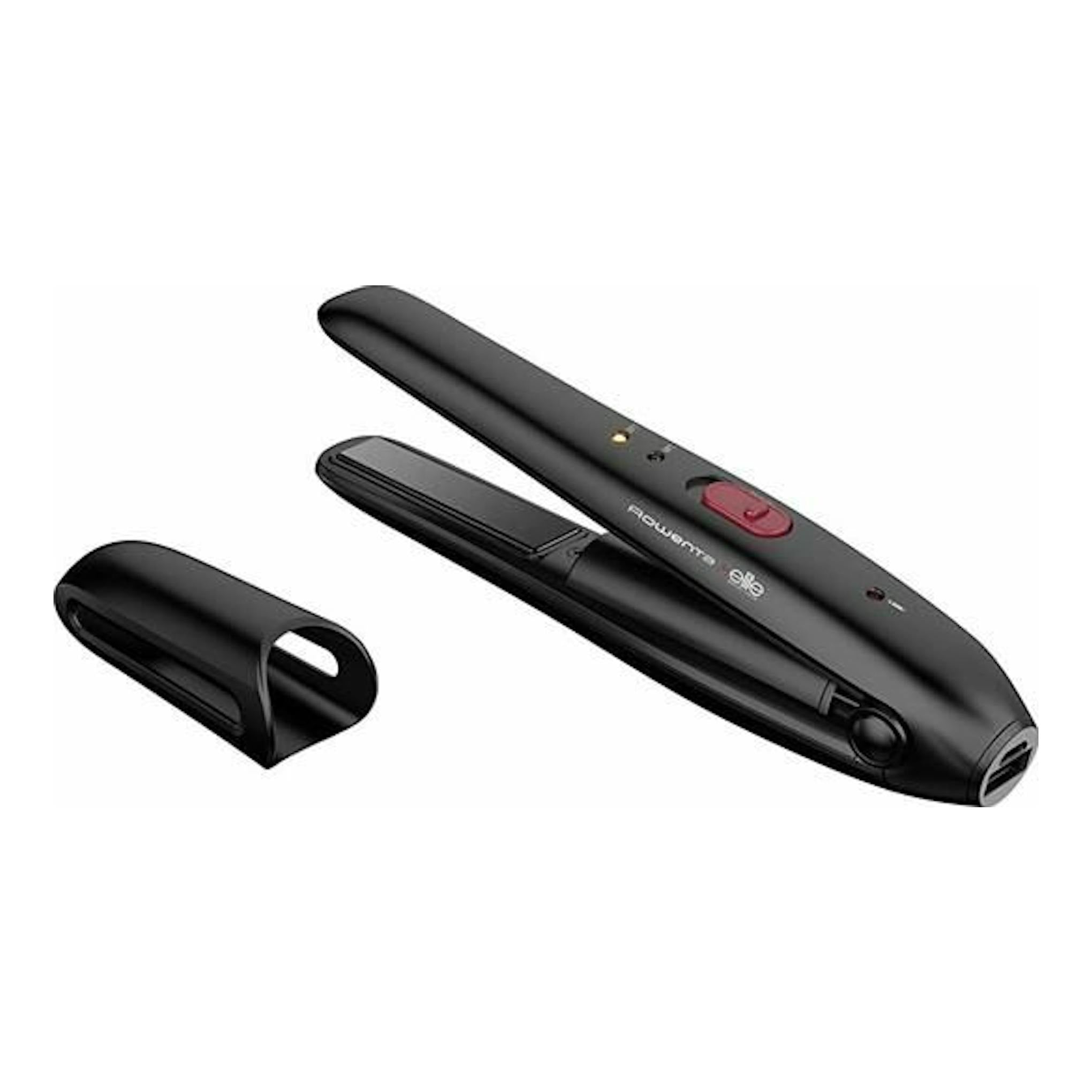 Plancha de pelo Rowenta SF1312F0 negra, vista en ángulo, con tapa protectora separada sobre fondo blanco.