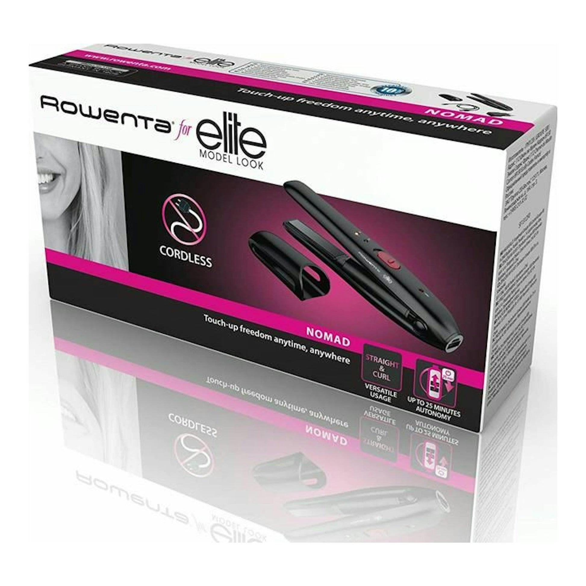 Caja de plancha de pelo Rowenta for Elite Nomad, negra y rosa, vista en ángulo con la plancha inalámbrica.