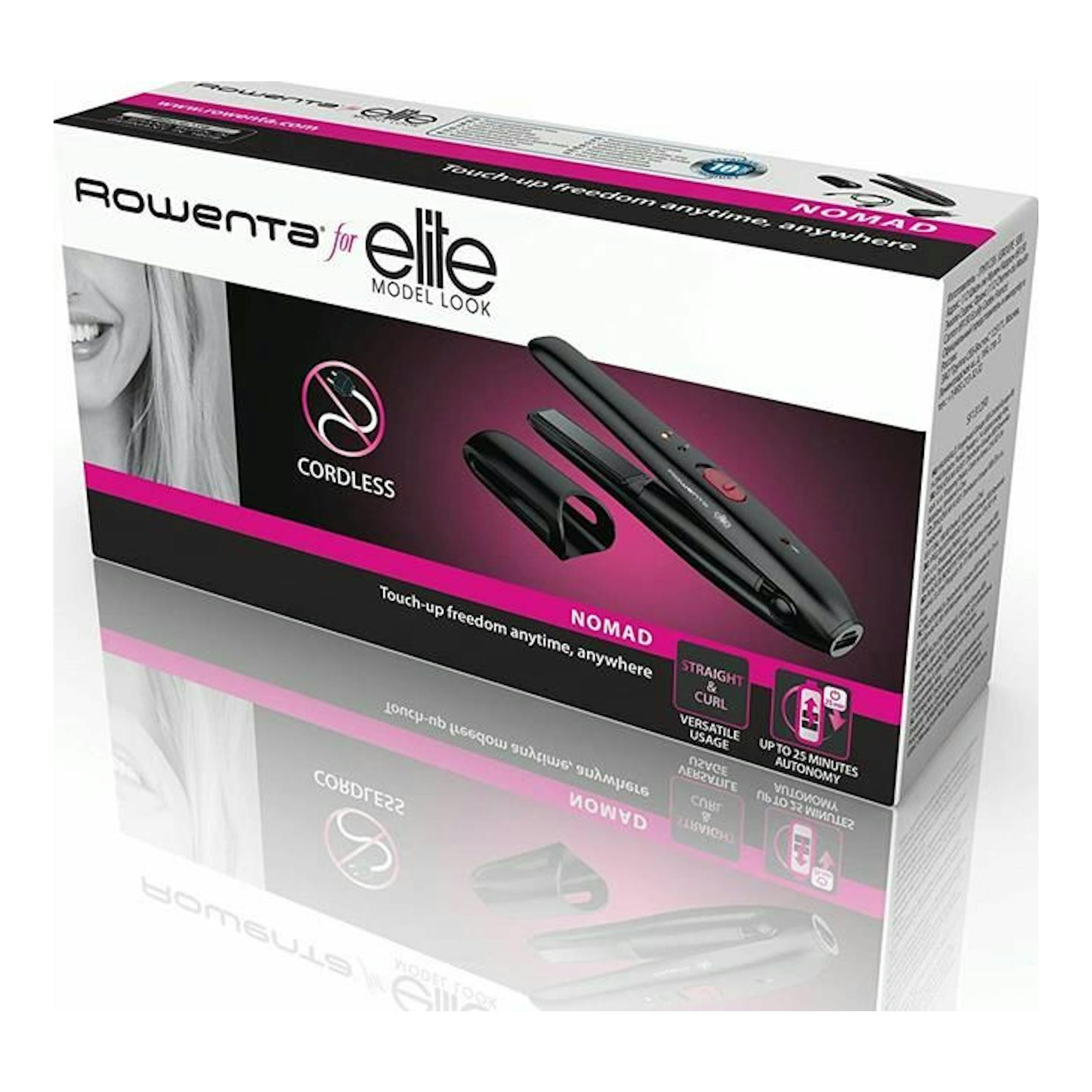 Caja de plancha de pelo Rowenta for Elite Nomad, negra y rosa, vista en ángulo con la plancha inalámbrica.