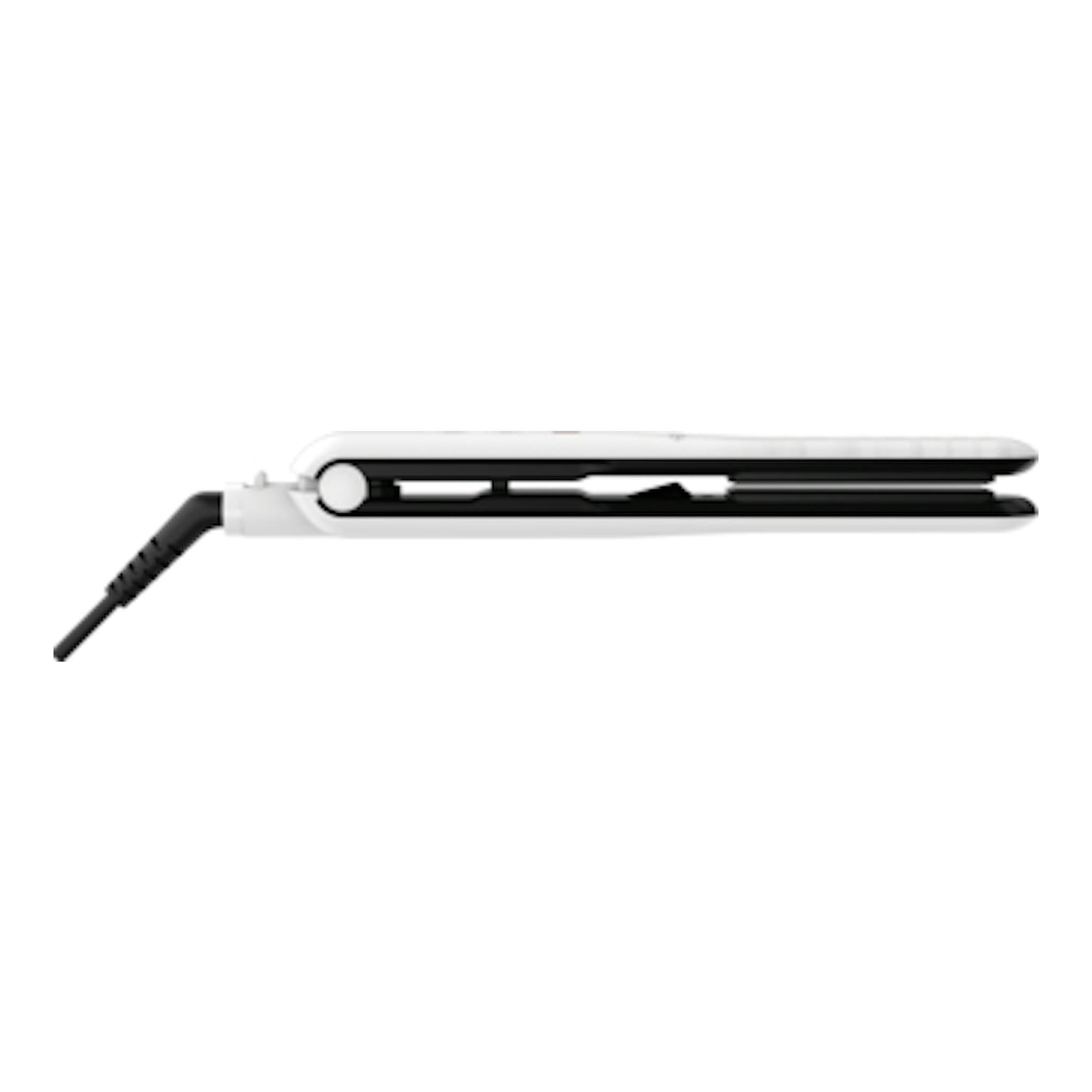 Plancha de pelo Rowenta Optiliss II SF3210F0, vista lateral, blanca y negra.