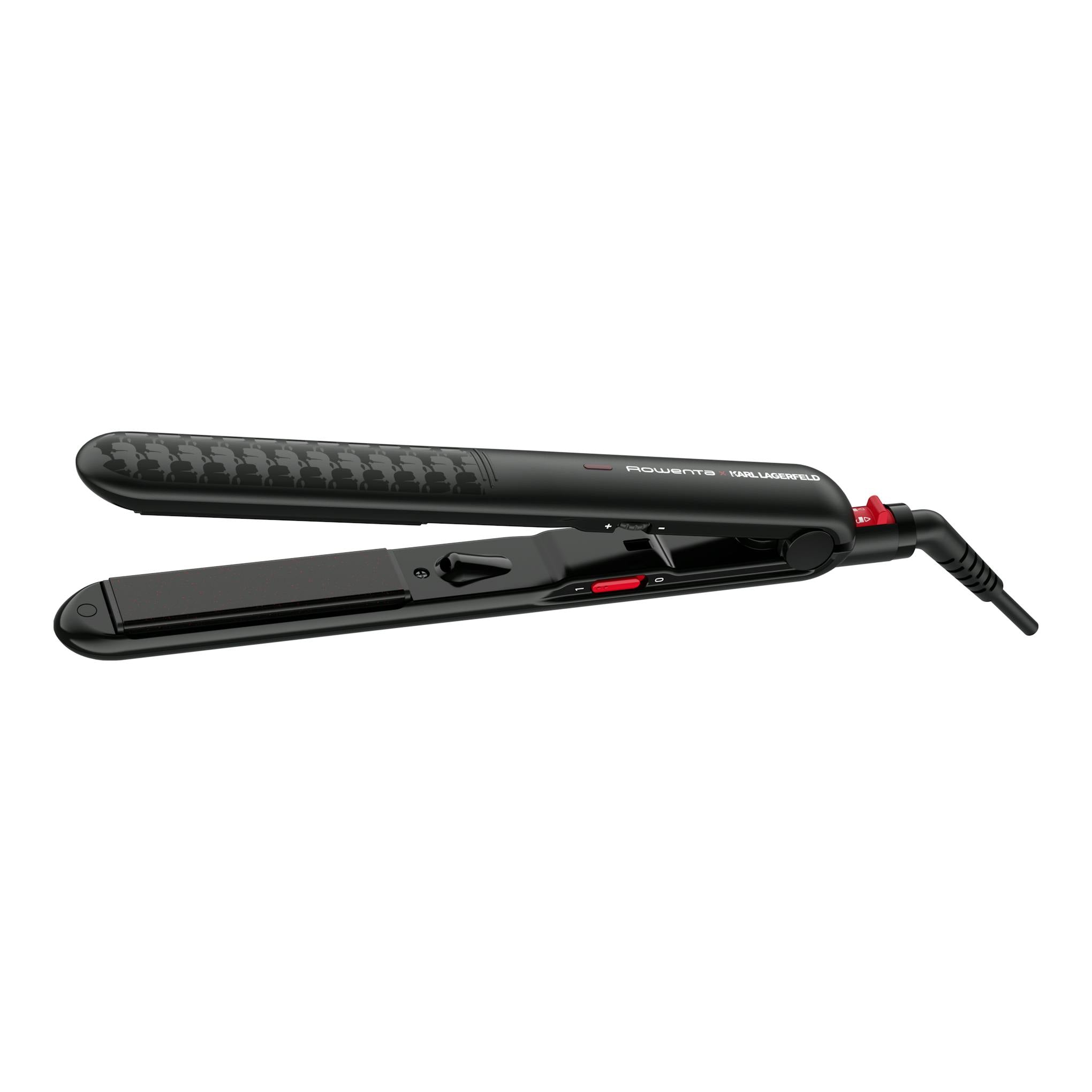 Plancha de pelo negra Rowenta x Karl Lagerfeld, vista lateral, abierta, con cable rojo y placas flotantes.