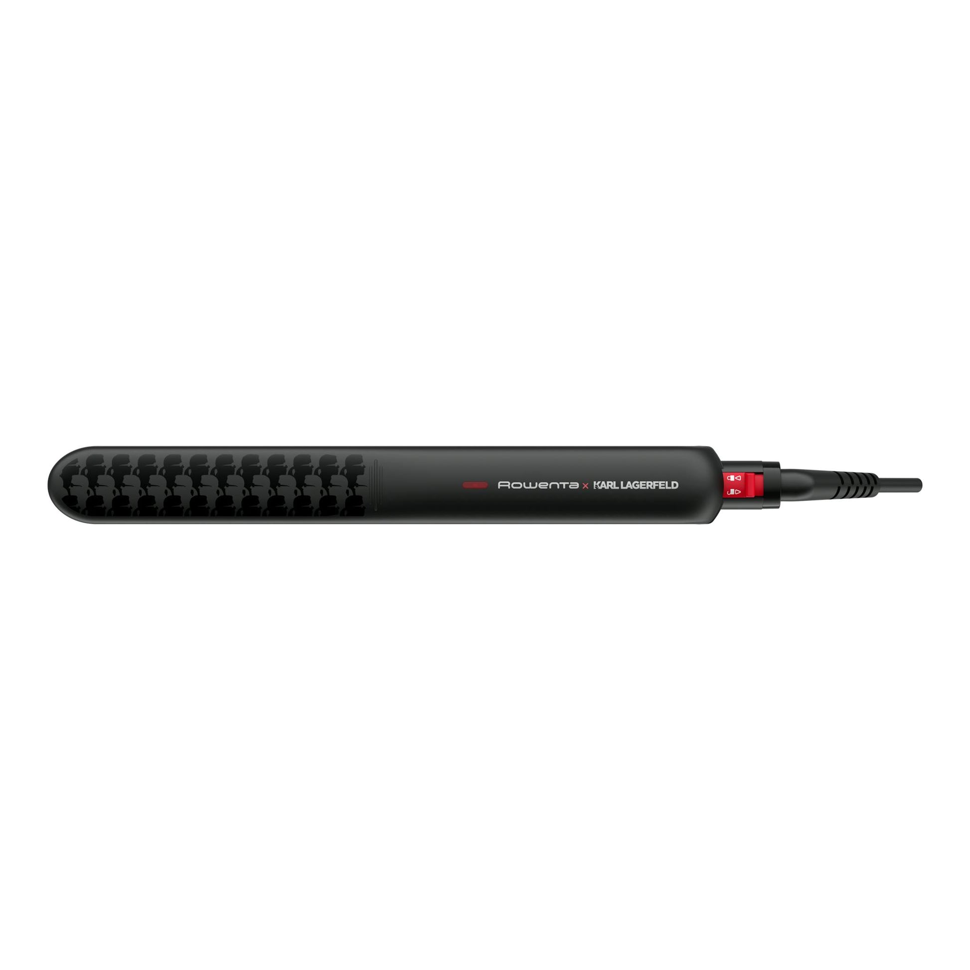 Plancha de pelo negra Rowenta Optiliss II Karl Lagerfeld SF321LF0, vista lateral, con cable.