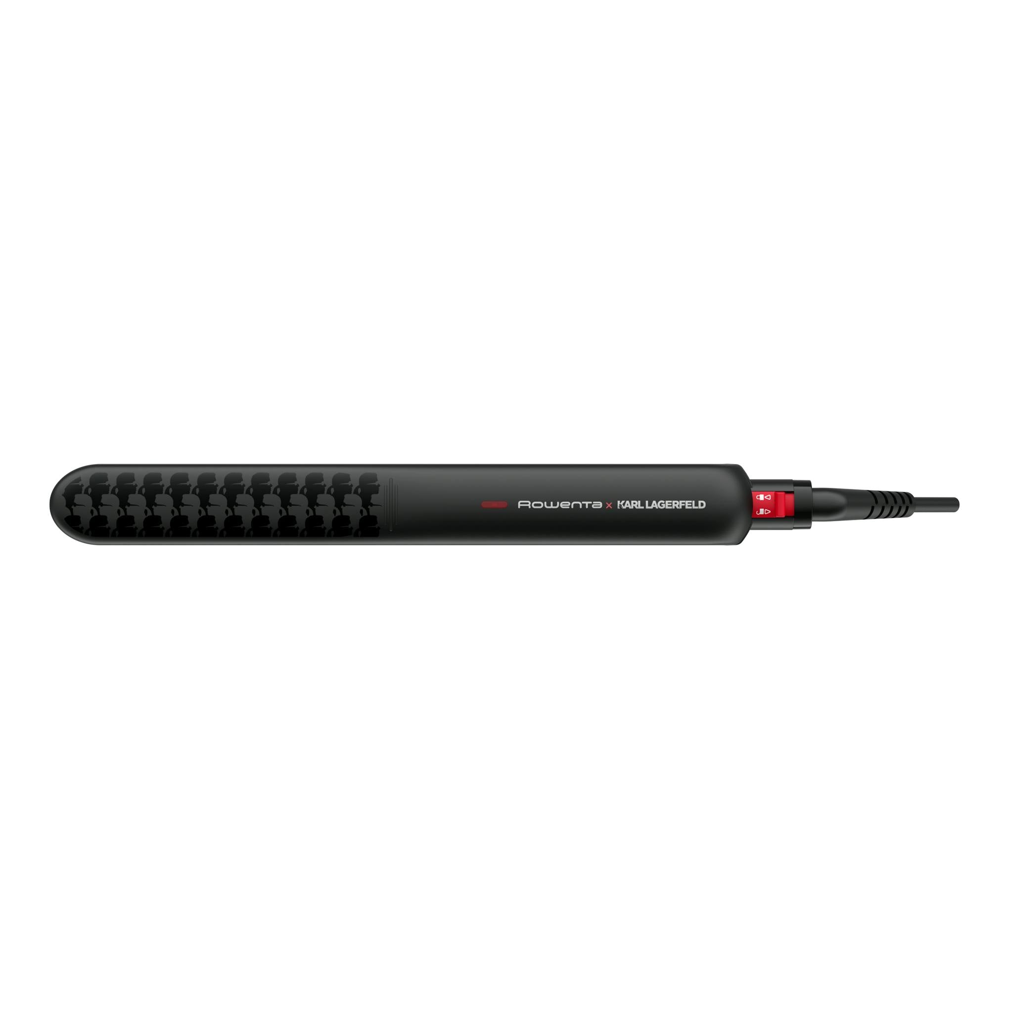 Plancha de pelo negra Rowenta Optiliss II Karl Lagerfeld SF321LF0, vista lateral, con cable.