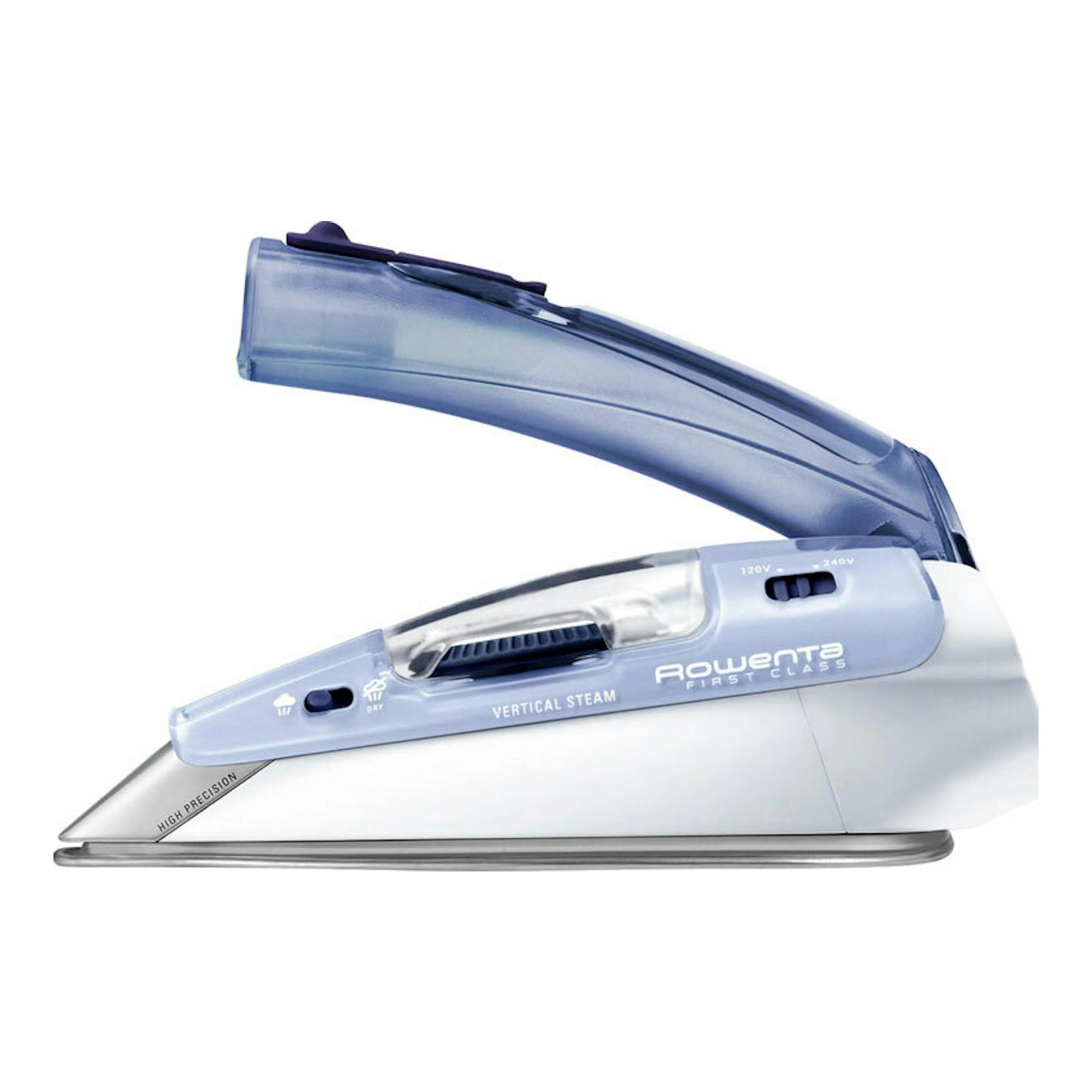 Plancha de vapor de viaje Rowenta DA1510F1, vista lateral, blanca y azul, con mango abatible.