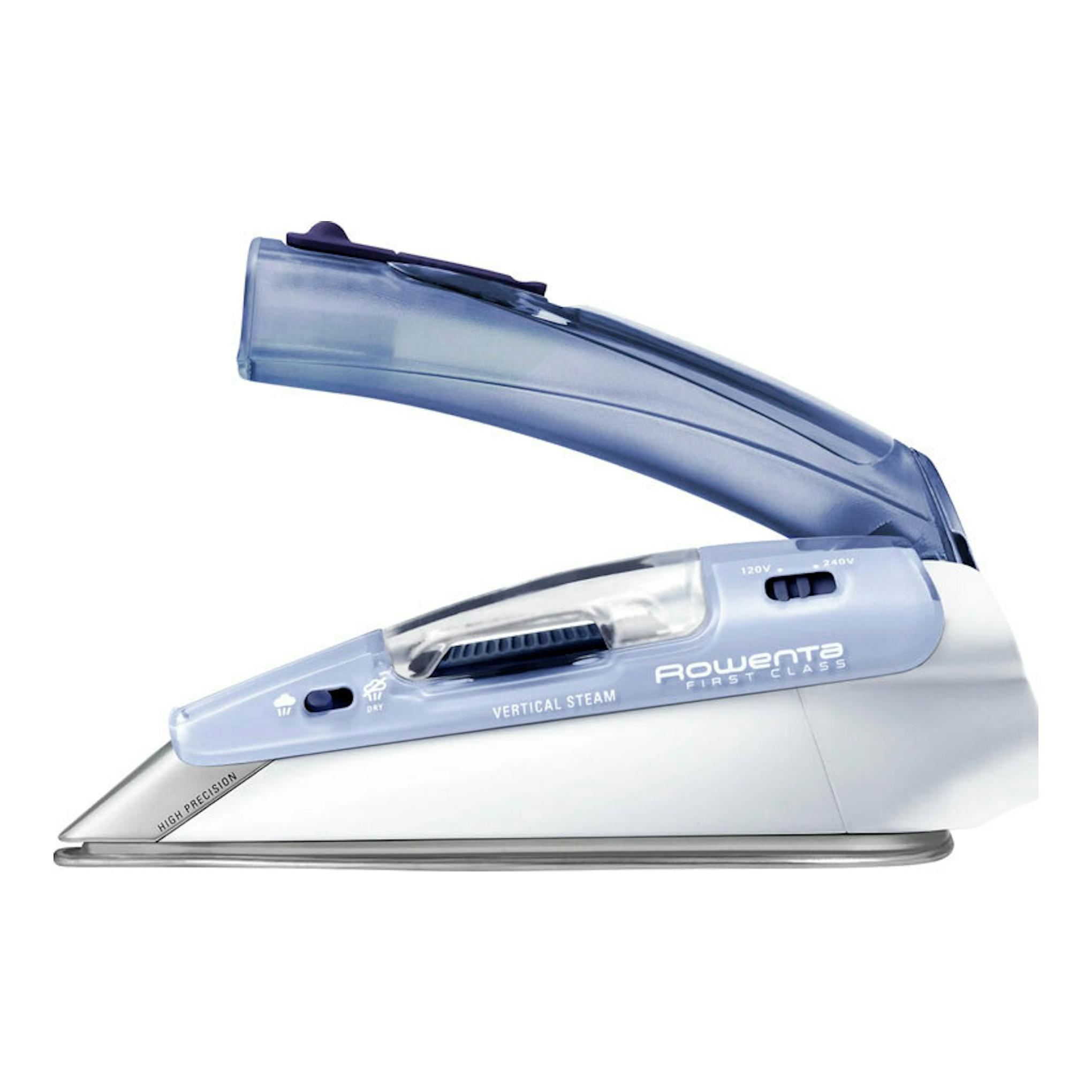 Plancha de vapor de viaje Rowenta DA1510F1, vista lateral, blanca y azul, con mango abatible.