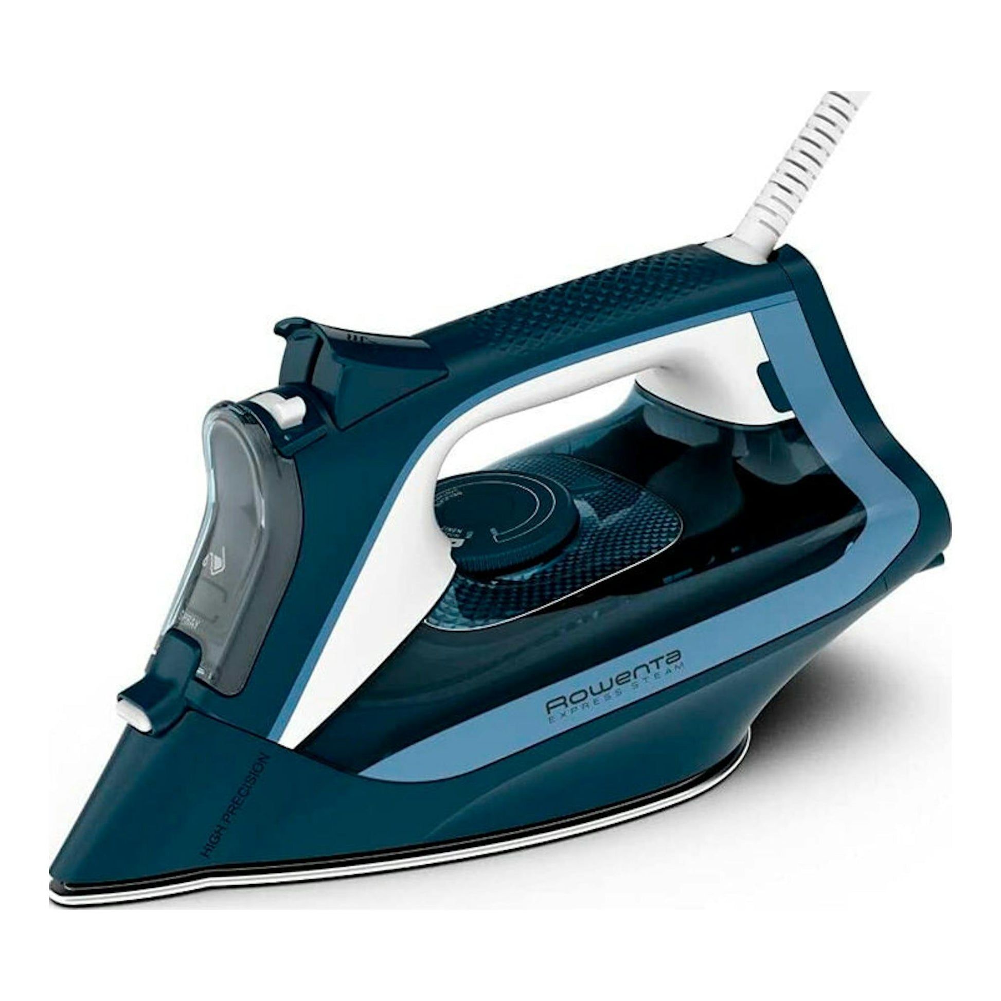 Plancha de vapor Rowenta DW4308D1 azul y negra, vista lateral en ángulo sobre fondo blanco.