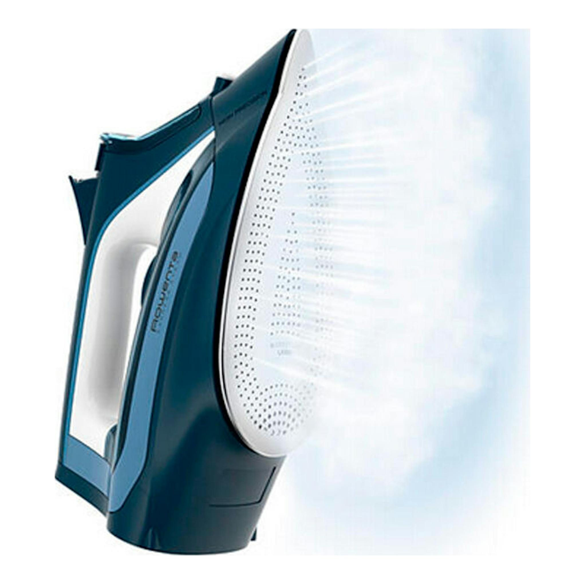 Plancha de vapor Rowenta DW4308D1, vista lateral, color azul y blanco, con vapor saliendo por la suela.