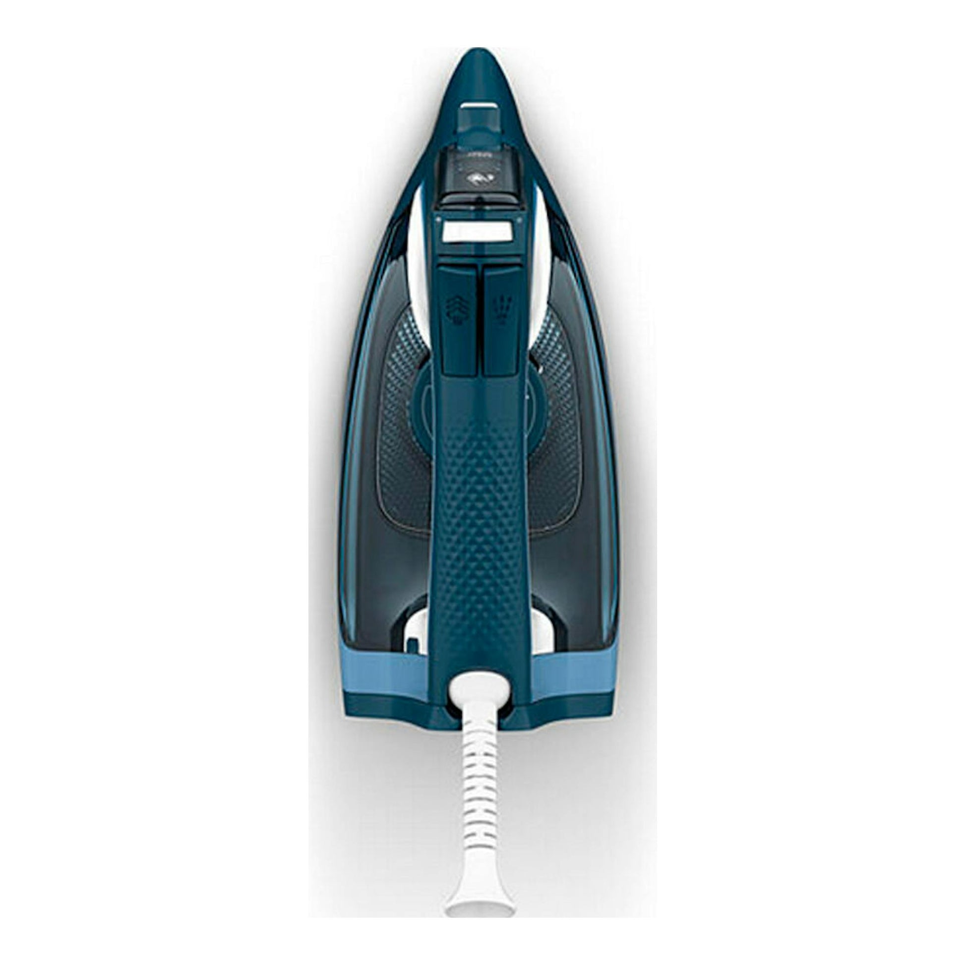 Plancha de vapor Rowenta DW4308D1 azul oscuro, vista frontal desde arriba, con cable blanco.