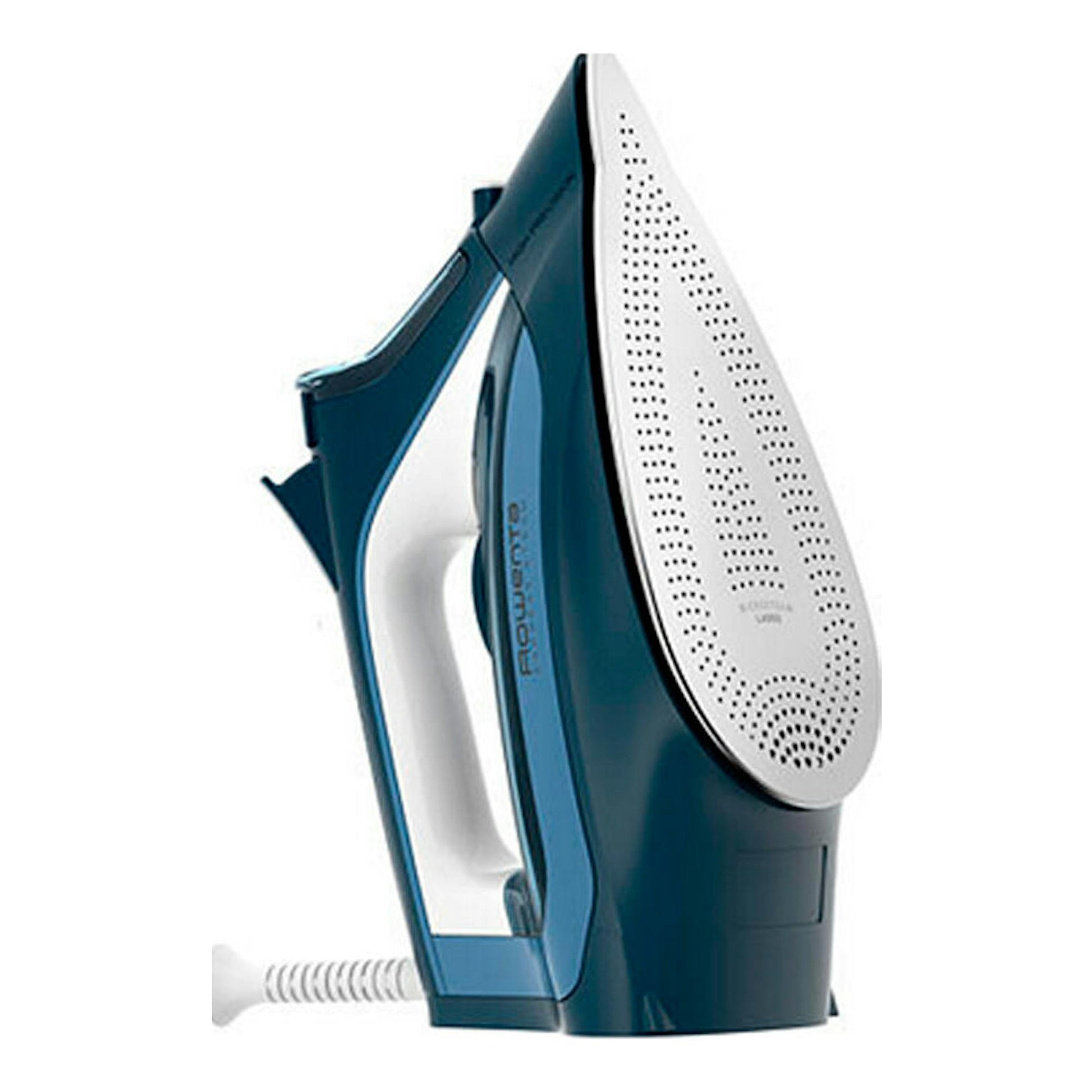 Plancha de vapor Rowenta DW4308D1, vista lateral, color azul y blanco, sobre fondo blanco.