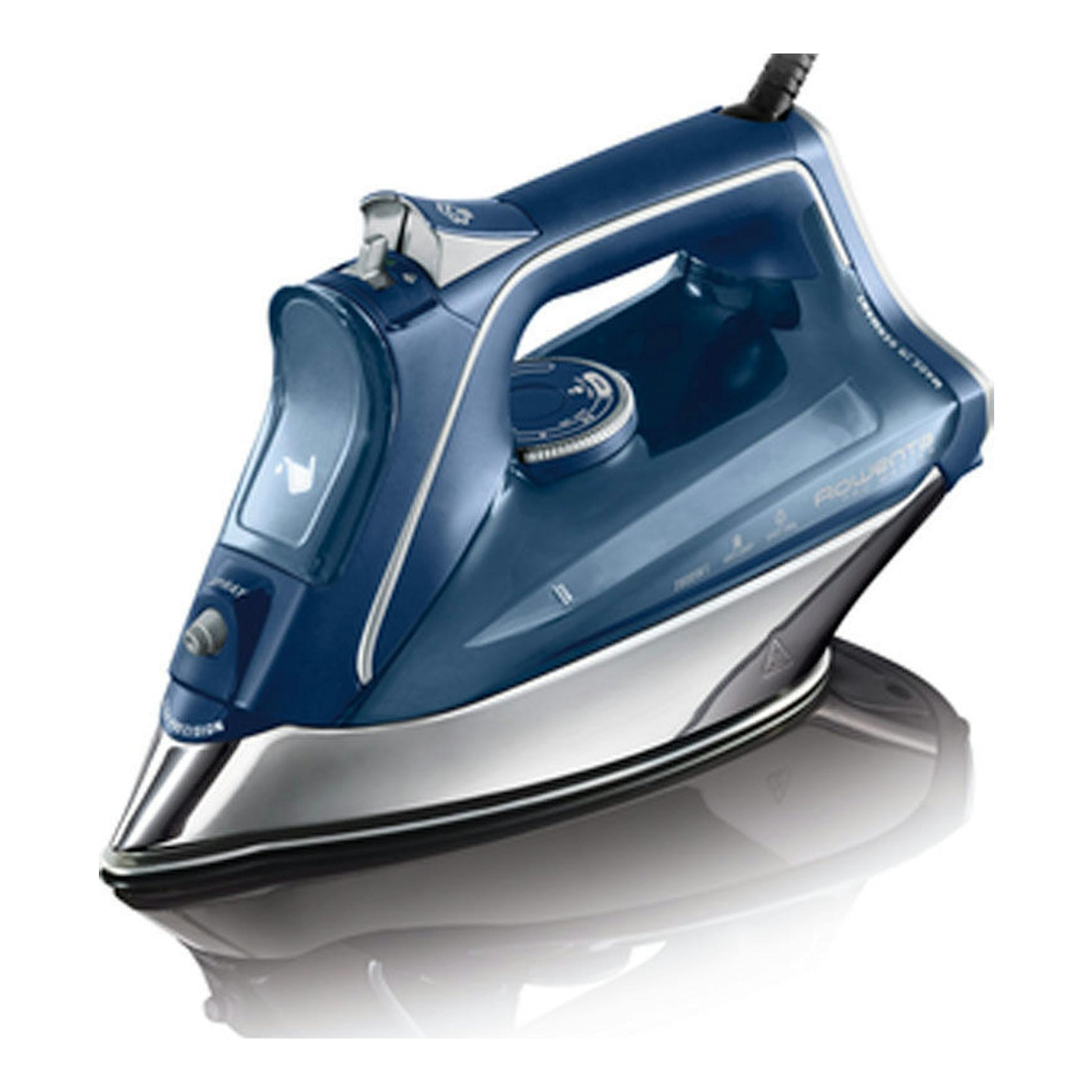 Plancha de vapor Rowenta DW8215D1 azul y plateada, vista en tres cuartos sobre fondo blanco.