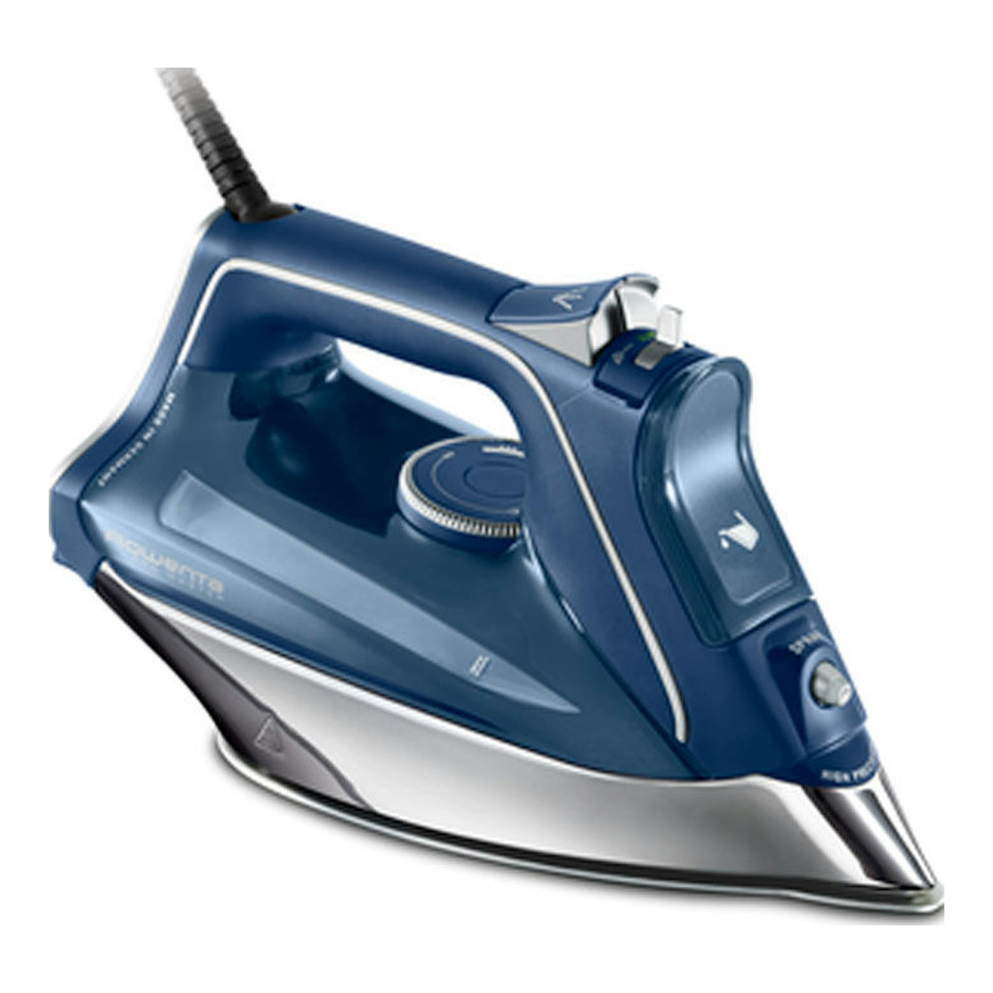Plancha de vapor Rowenta DW8215D1 azul, vista lateral sobre fondo blanco.