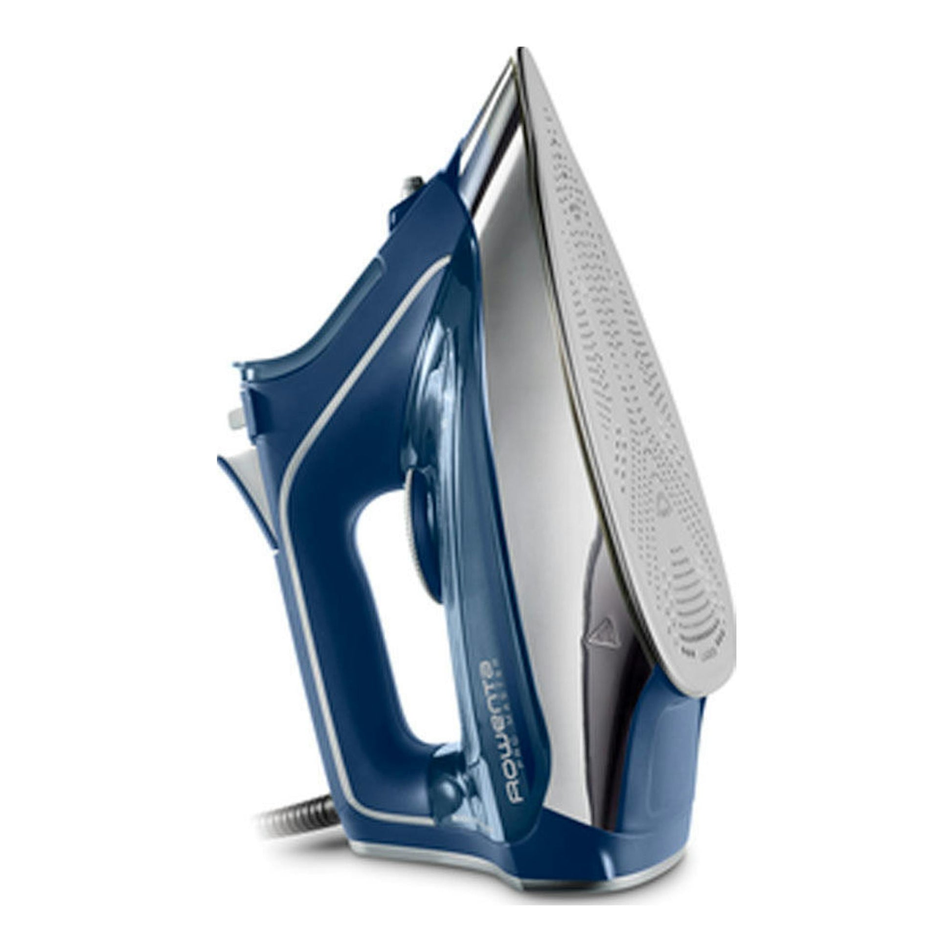 Plancha de vapor Rowenta DW8215D1 azul y plateada, vista lateral, con suela metálica.