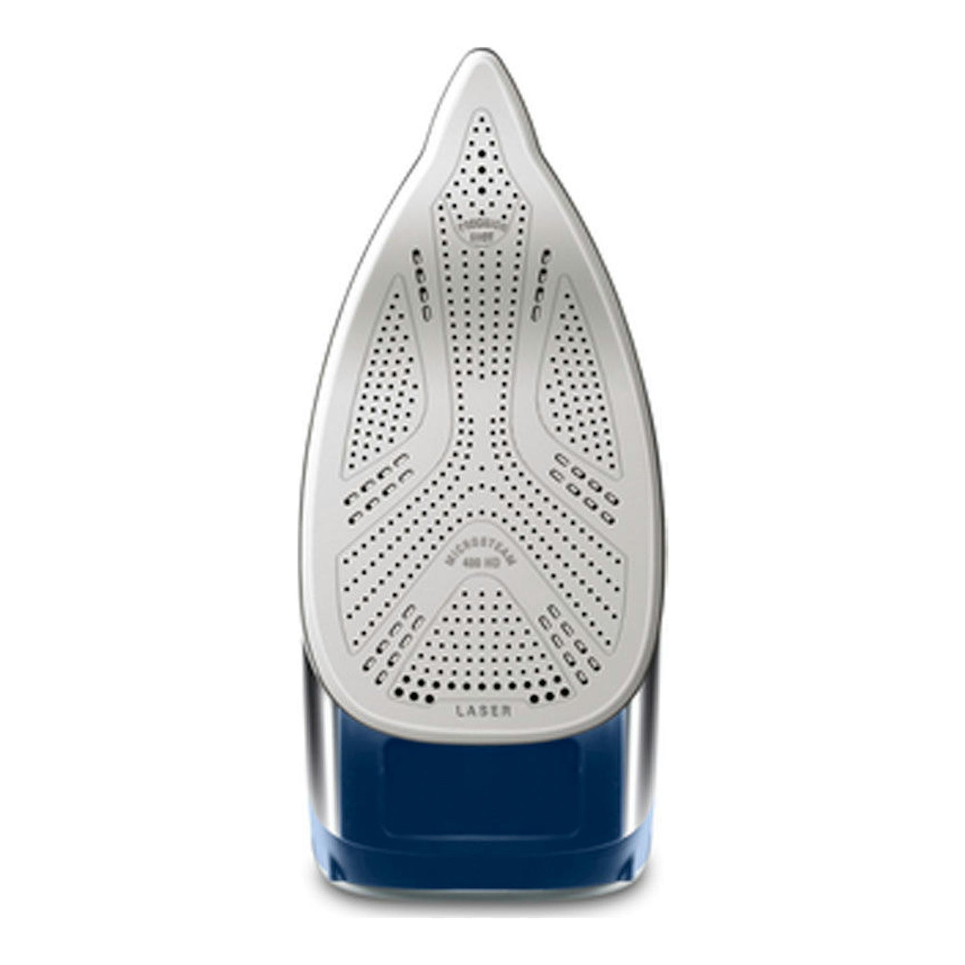 Plancha de vapor Rowenta DW8215D1, vista frontal, con suela blanca y base azul.