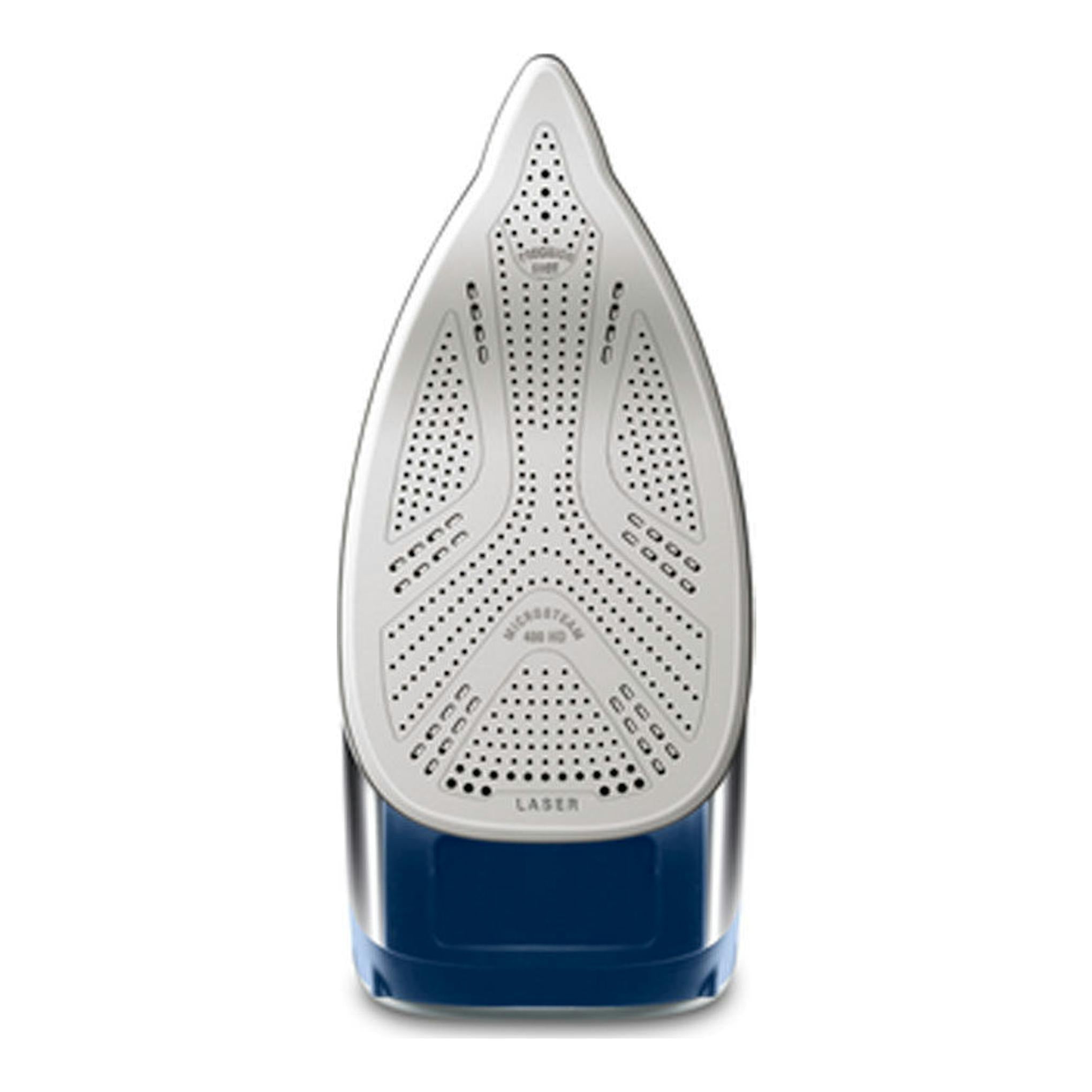Plancha de vapor Rowenta DW8215D1, vista frontal, con suela blanca y base azul.
