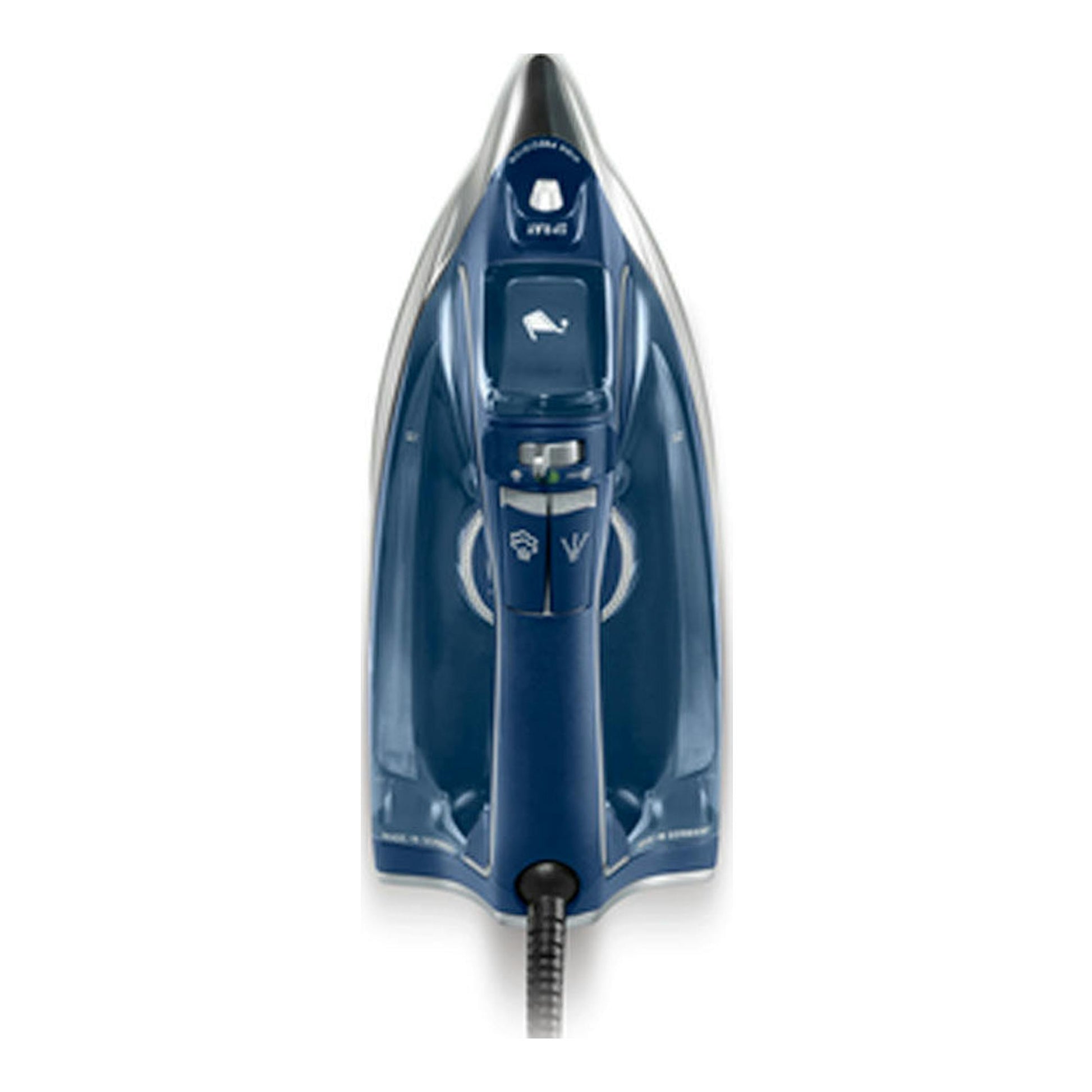 Plancha de vapor Rowenta DW8215D1, vista superior, color azul, sobre fondo blanco.