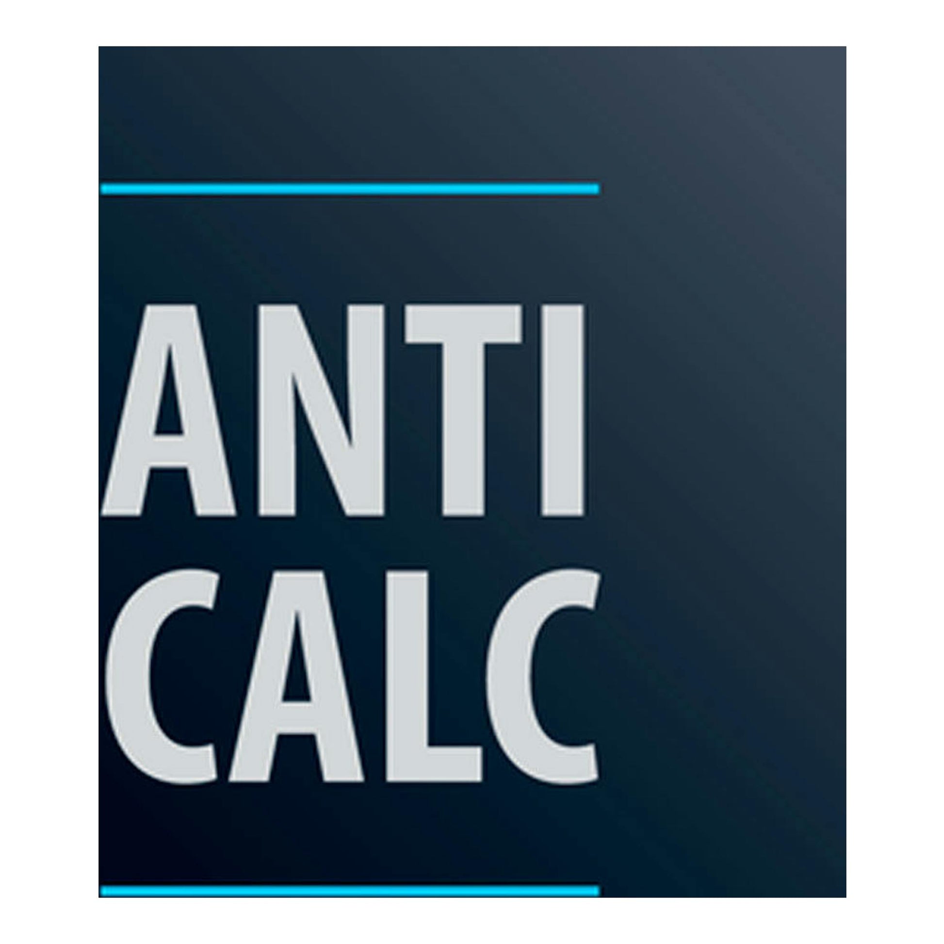 Rowenta DW8215D1: texto «ANTI CALC» en blanco sobre fondo azul oscuro con líneas cian.